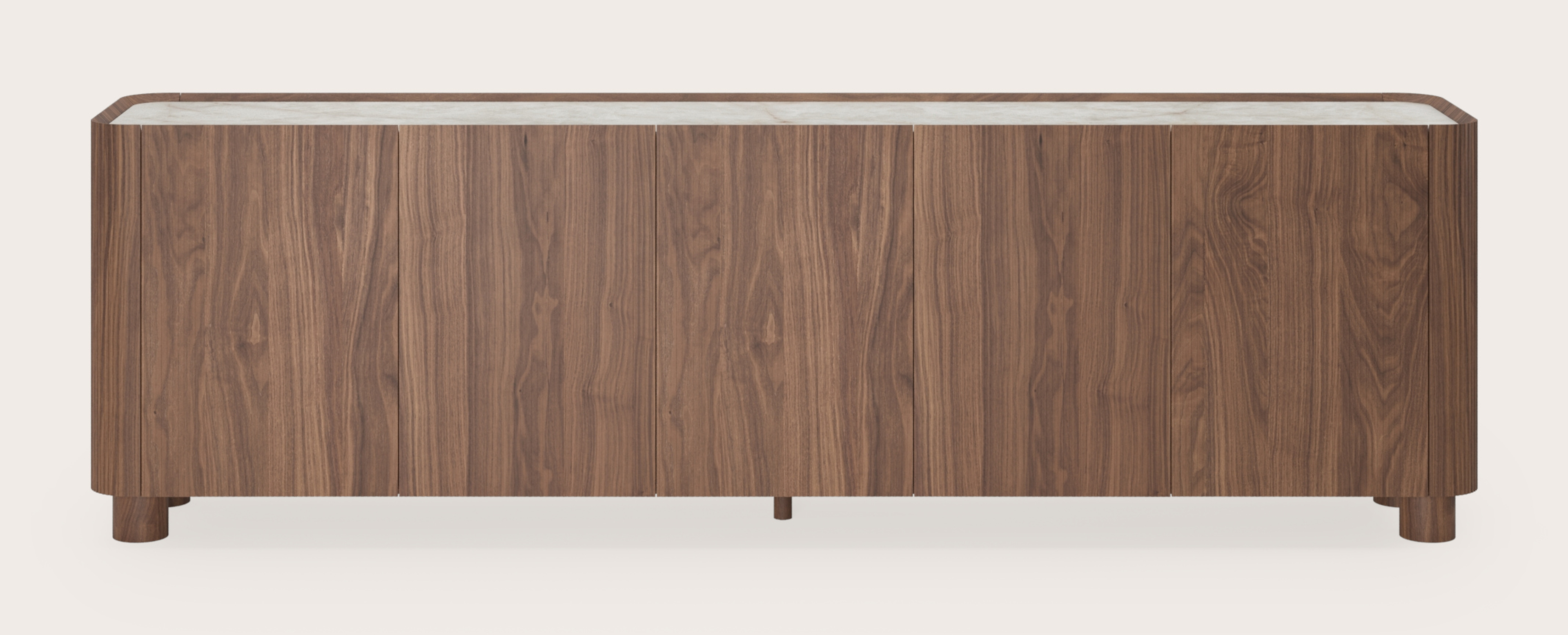 Grivato dressoir in walnoot met ronde poten met volkeramisch Ceramo blad in kleur Himalaya 249 x 45 cm