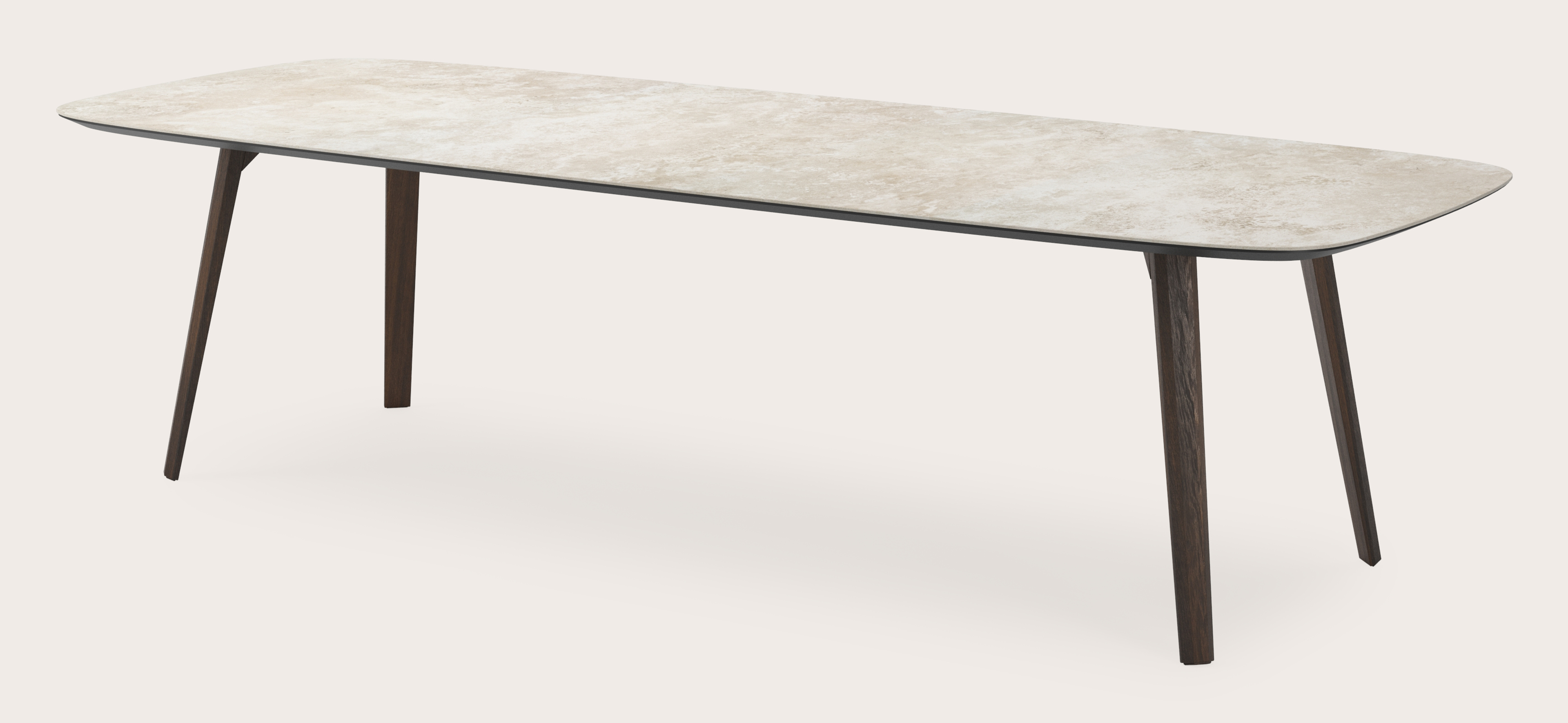 Eettafel Clino onderstel in gerookte eik met bootvormig volkeramisch Ceramo blad in kleur Rapolano 300 x 115 x 77 cm