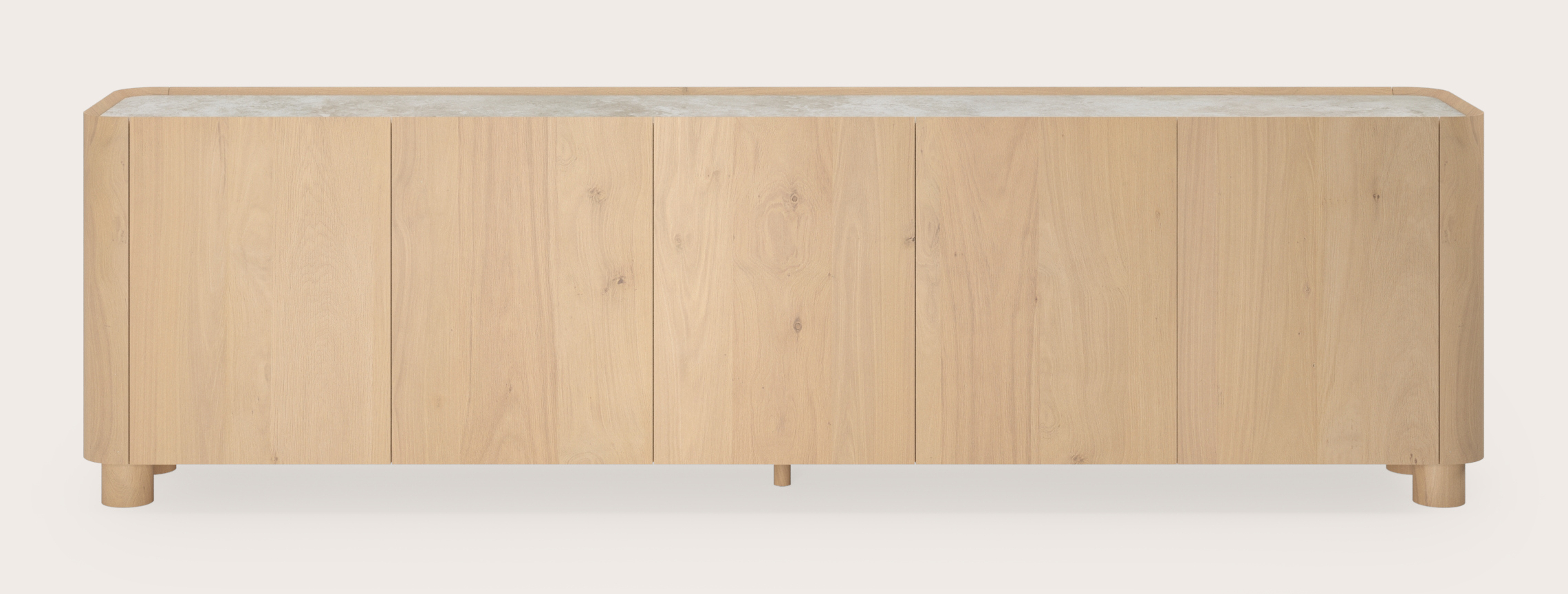 Buffet Curvato en chêne couleur naturelle avec pieds ronds en bois avec plateau Ceramo en céramique en couleur Rapolano 269 x 45 x 76 cm