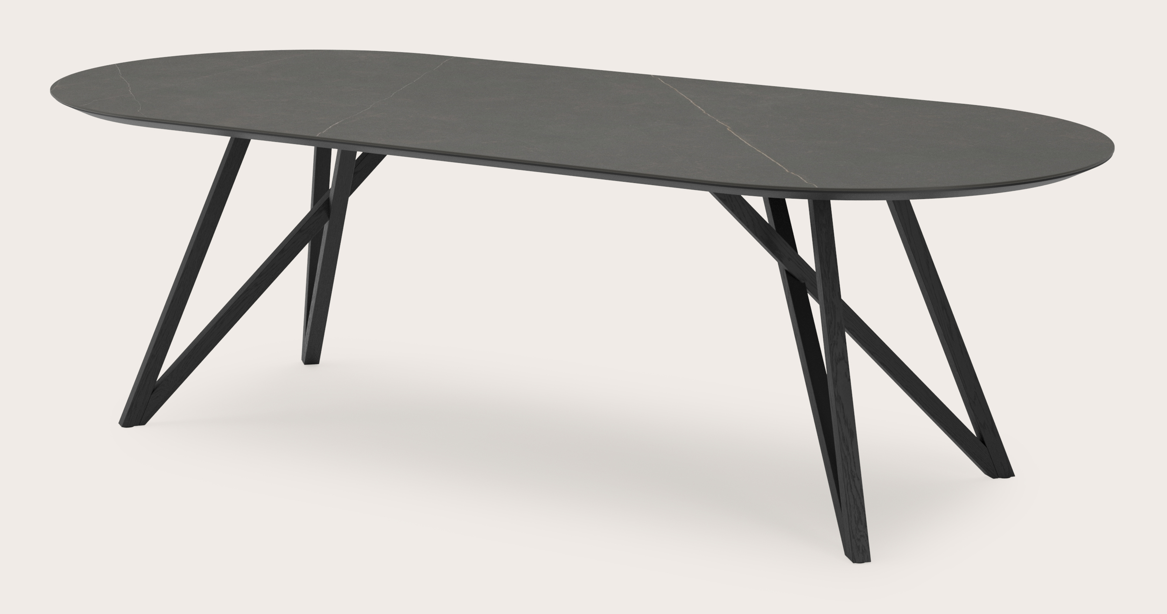 Eettafel Ragno onderstel in zwarte eik met plat ovaal volkeramisch Ceramo blad in kleur Calatorao 260 x 115 x 77 cm 