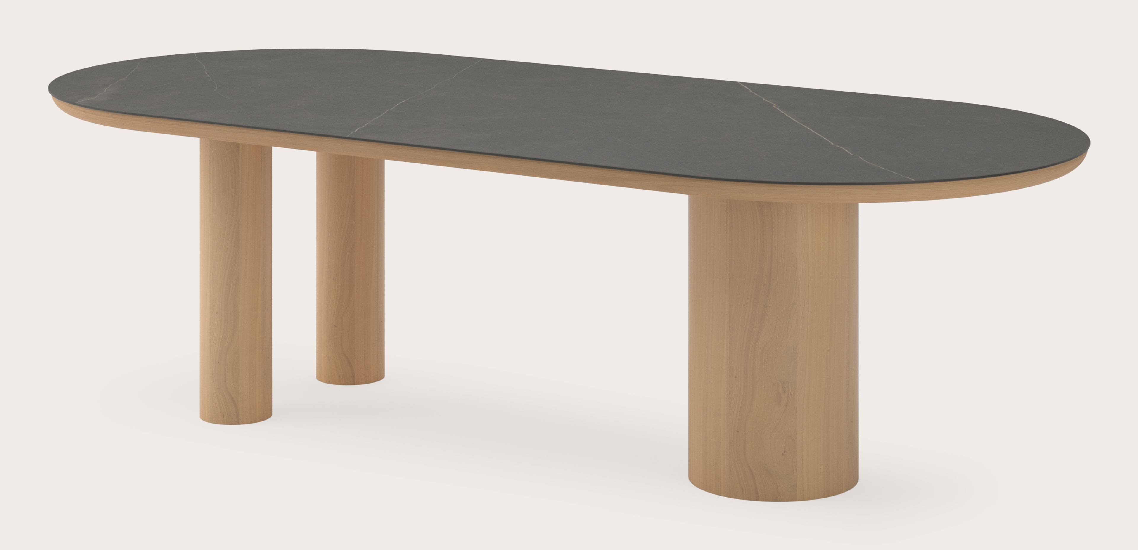 Eettafel Amato Rondo onderstel in natuurkleurige eik met plat ovaal volkeramisch Ceramo blad in kleur Calatorao 260 x 115 x 76 cm