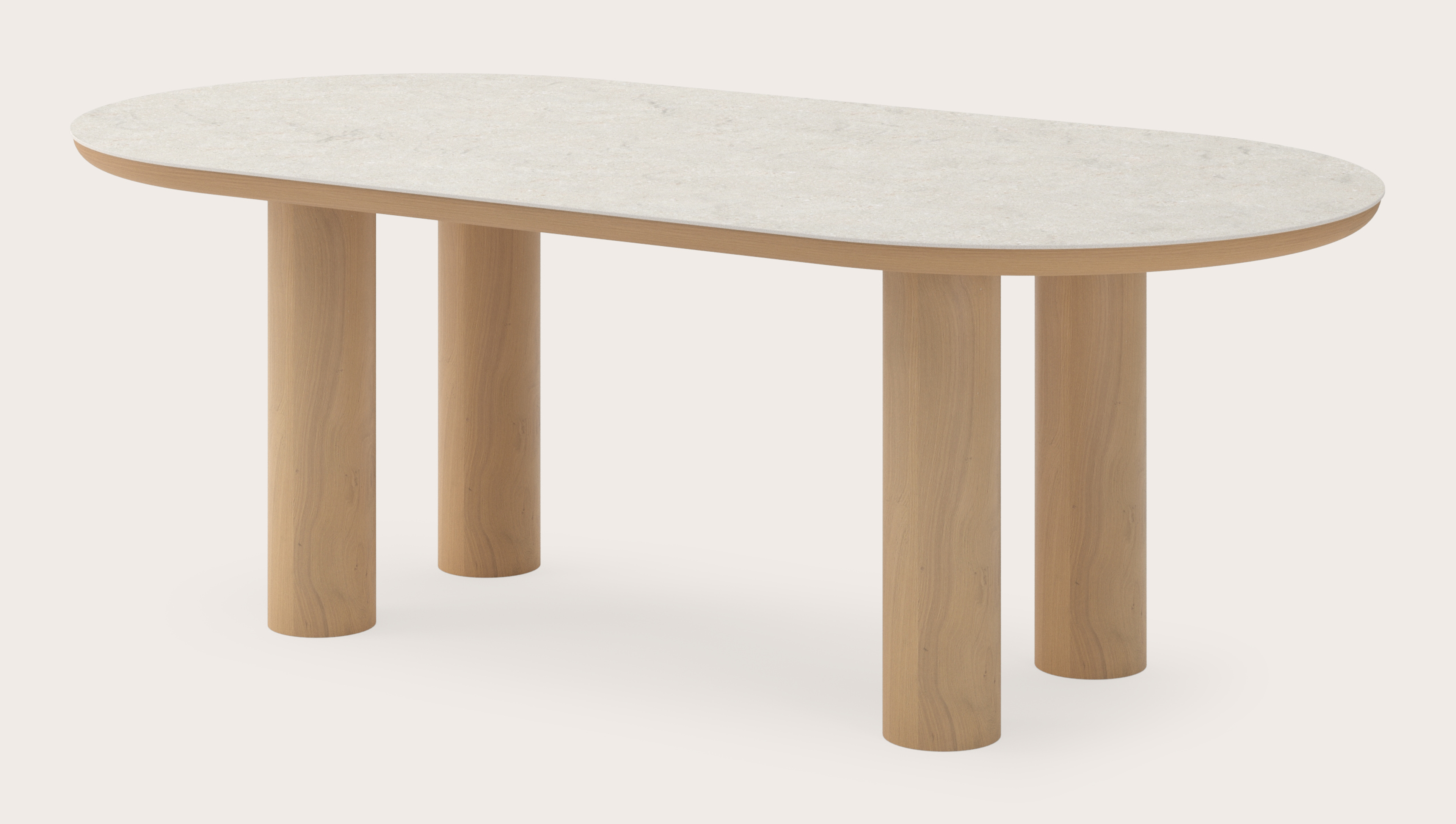 Eettafel Amato Rondo onderstel in natuurkleurige eik met plat ovaal volkeramisch Ceramo blad in kleur Shilin 220 x 110 x 76 cm