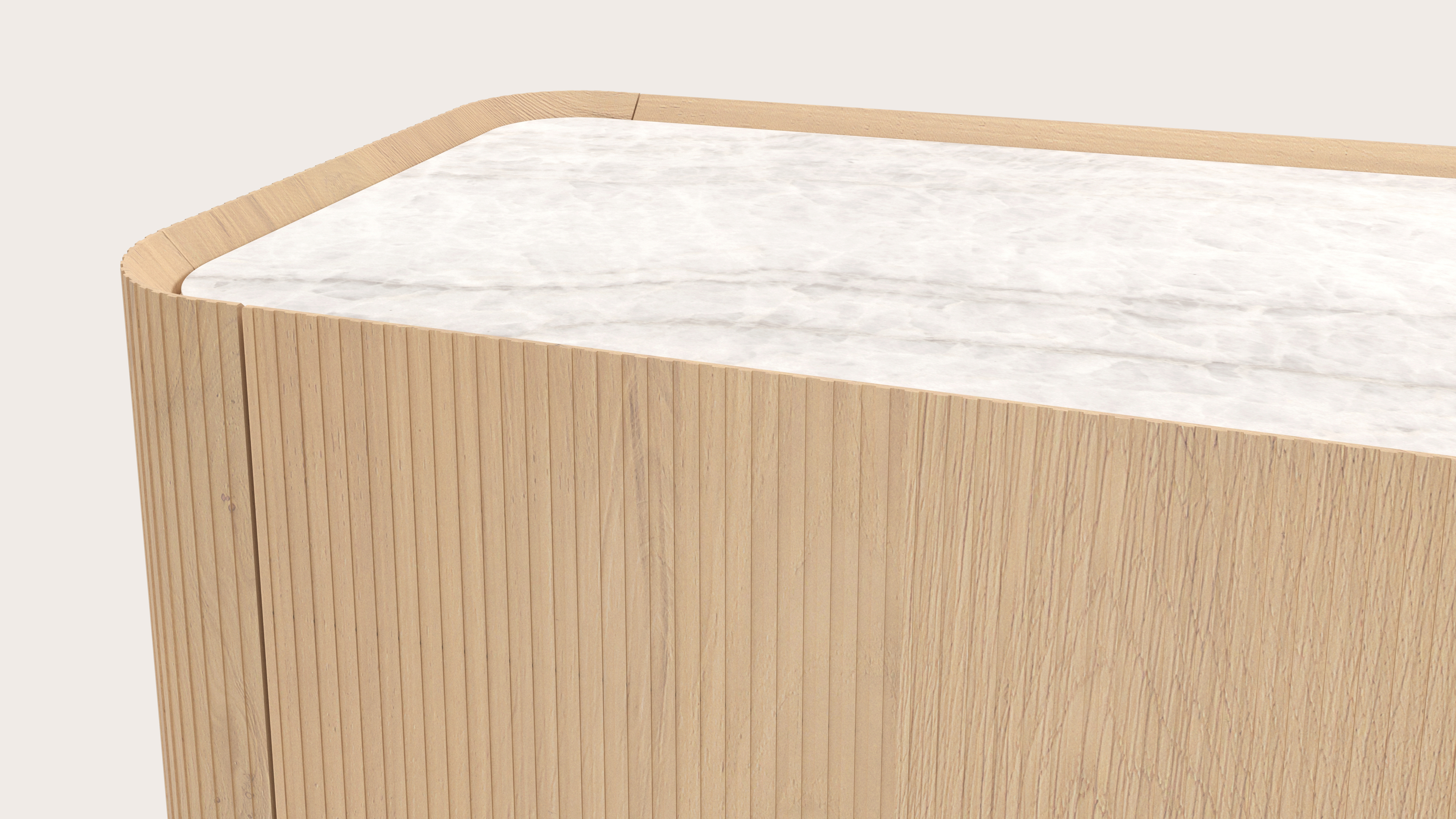 Buffet Grivato en chêne couleur naturelle avec pieds ronds avec plateau Ceramo rond en céramique en couleur Taj Mahal 249 x 45 cm