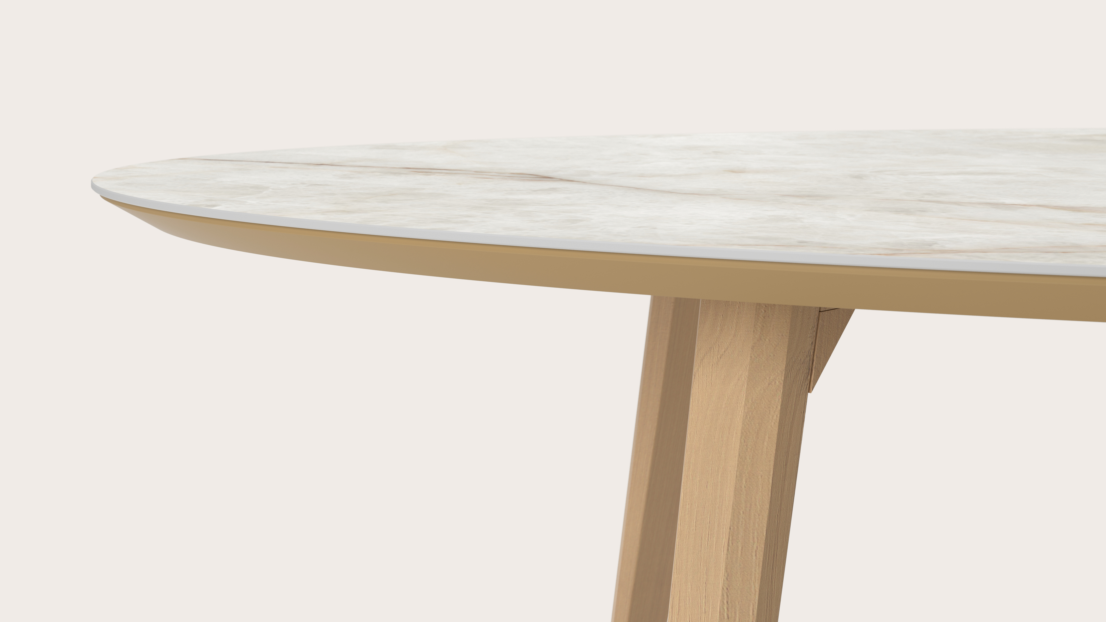 Eettafel Clino onderstel in natuurkleurige eik met ovaal volkeramisch Ceramo blad in kleur Himalaya 260 x 130 x 77 cm