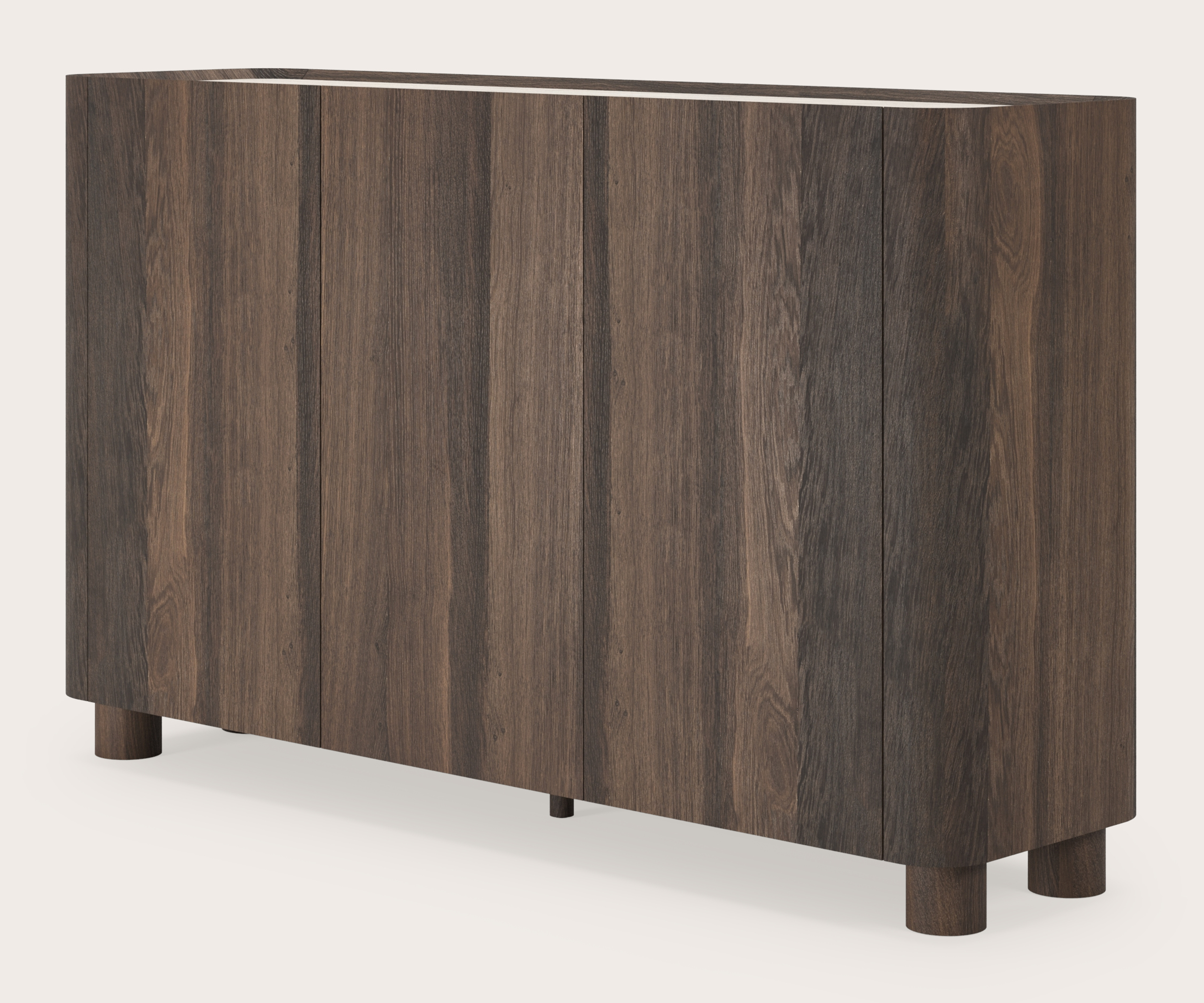 Curvato hoge dressoir in gerookte eik met ronde houten poten met volkeramisch Ceramo blad in kleur Travertino Bianco 169 x 45 x 102 cm