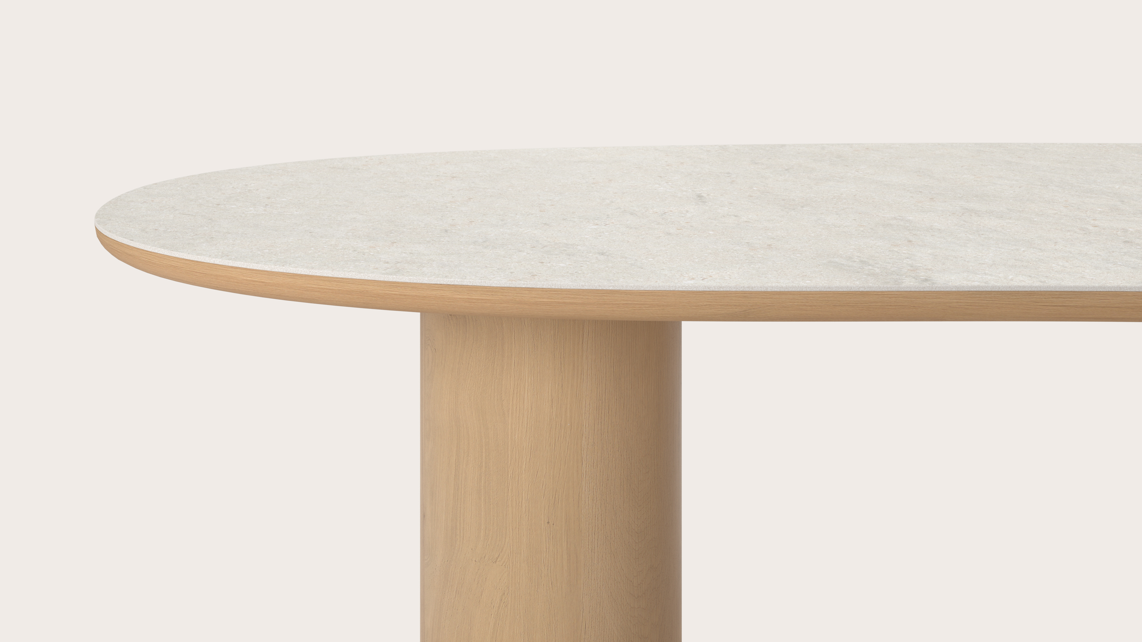 Eettafel Amato Rondo onderstel in natuurkleurige eik met Blobvormig volkeramisch Ceramo blad in kleur Shilin 300 x 122 x 77 cm