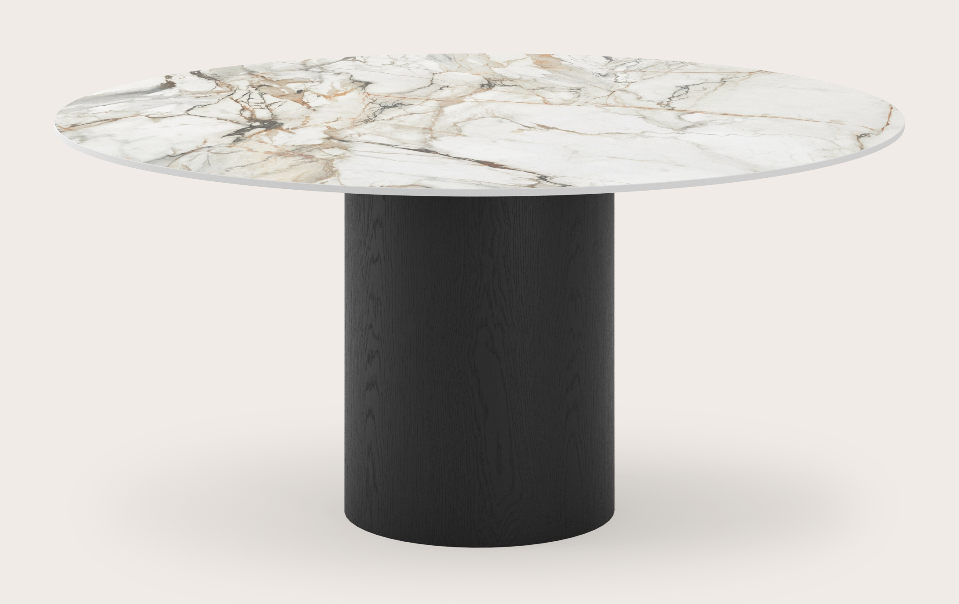 Eettafel low dining Amato Rondo onderstel in zwarte eik met rond volkeramisch Ceramo Lux blad in kleur Calacatta Luxe Ø150 x 69 cm
