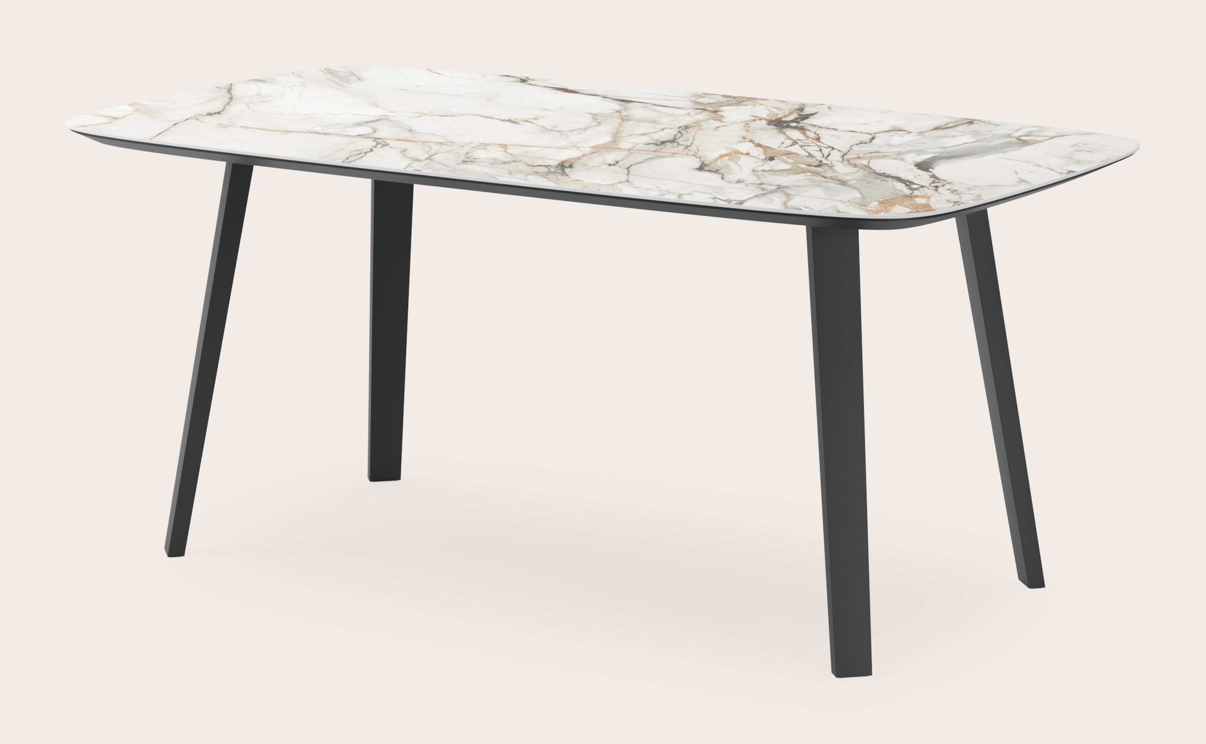 Table de salle à manger Clino armature en métal noir avec plateau Ceramo forme arrondi en céramique en couleur Calacatta Luxe  180 x 100 x 77 cm