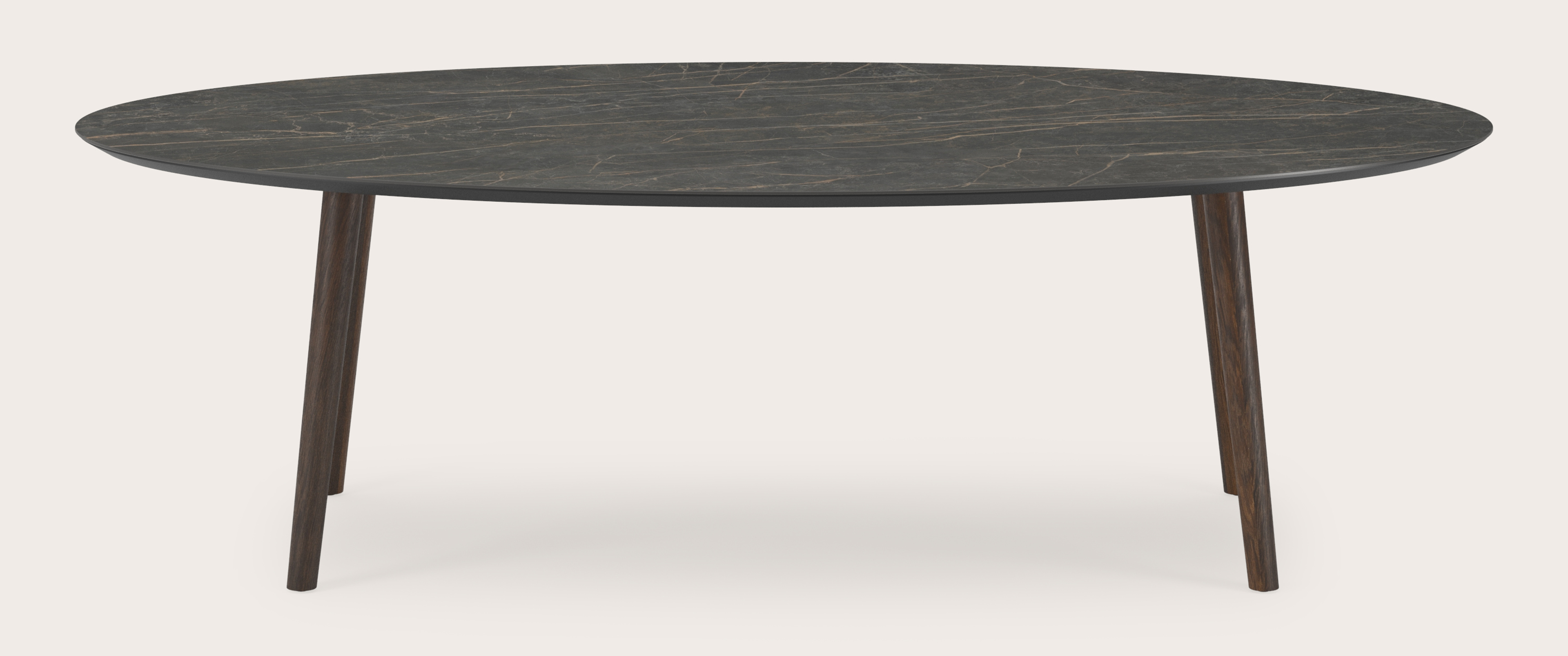 Table de salle à manger Conico armature en chêne fumé avec plateau Ceramo ovale en céramique en couleur Black Obsession 260 x 130 x 77 cm