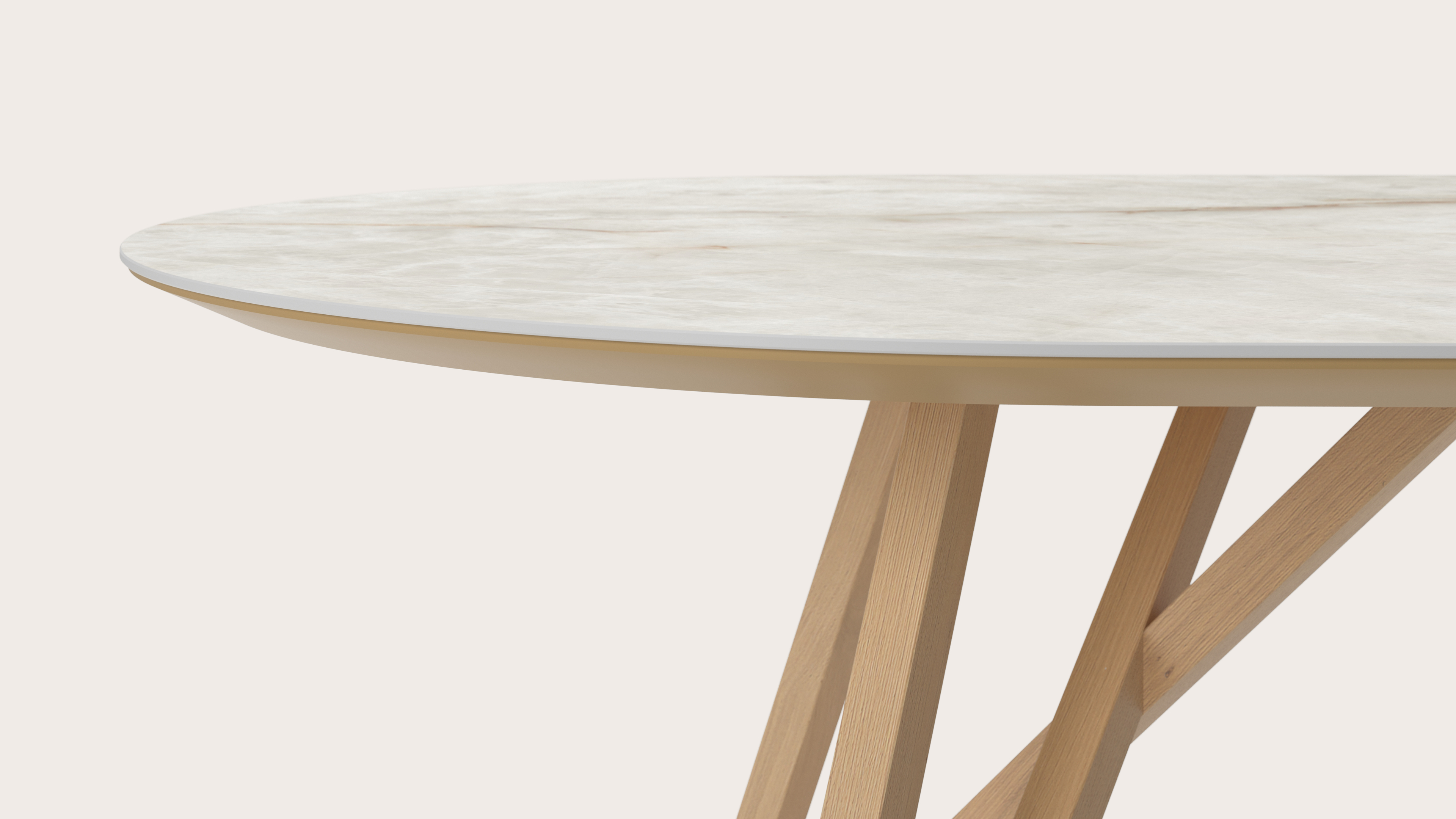 Table de salle à manger Ragno armature en chêne couleur naturelle avec plateau Ceramo ovale plat en céramique en couleur Himalaya 220 x 110 x 77 cm