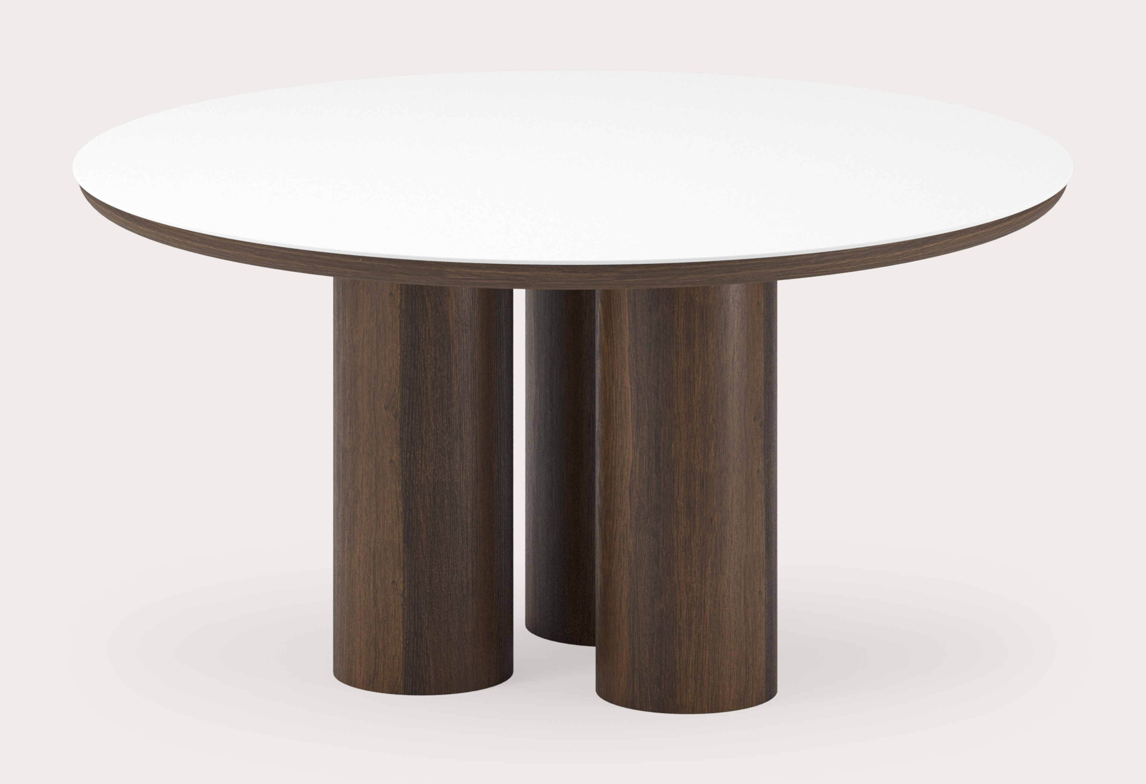 Eettafel Amato Rondo onderstel in gerookte eik met rond volkeramisch Ceramo blad in kleur Arctic White Ø150 x 76 cm