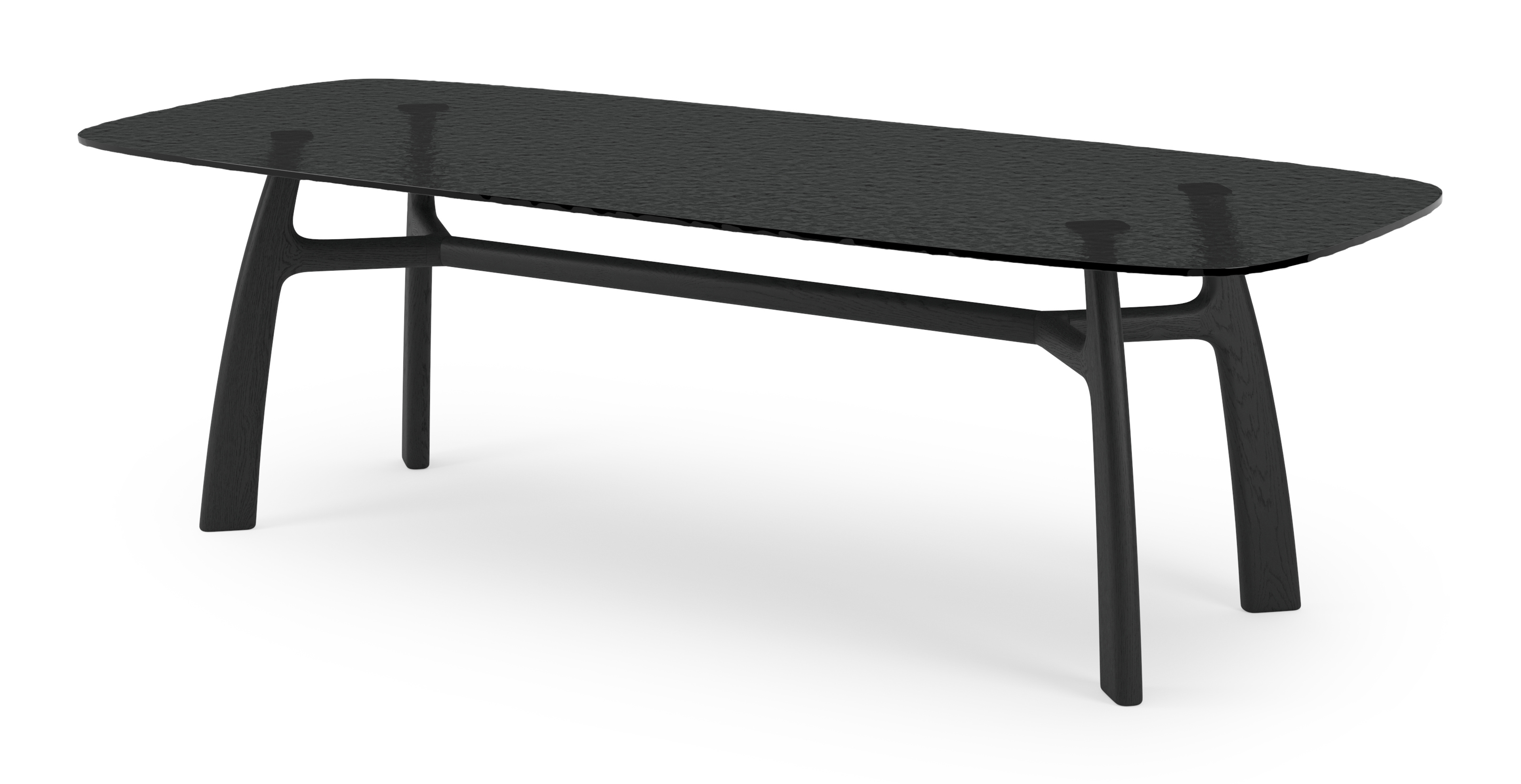 Eettafel Lucento onderstel in zwarte eik met bootvormig glazen blad in grijze kleur 260 x 110 x 76 cm
