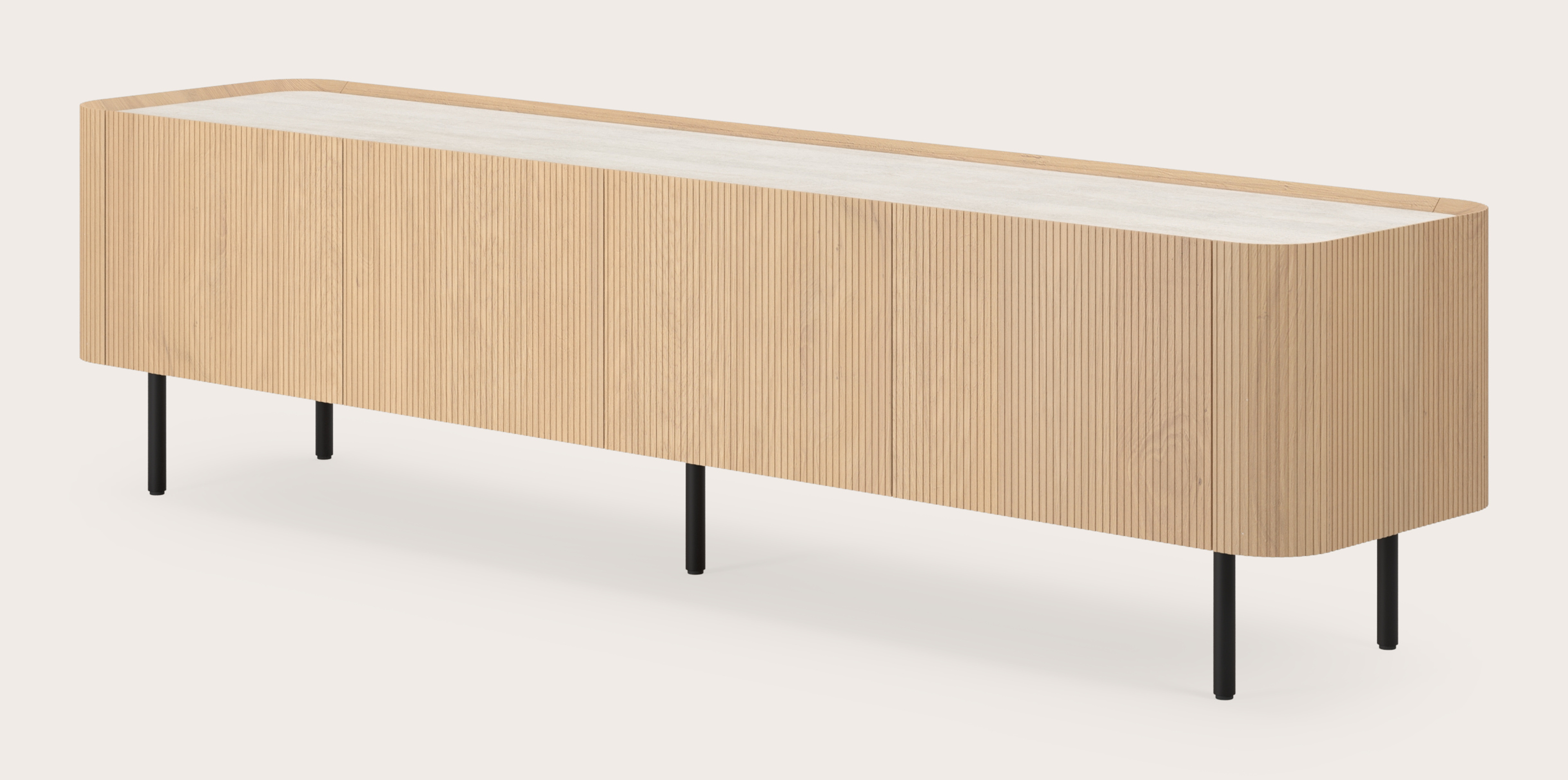 Grivato tv-meubel in natuurkleurige eik met ronde poten met volkeramisch Ceramo blad in kleur Travertino Bianco 203 x 45 cm