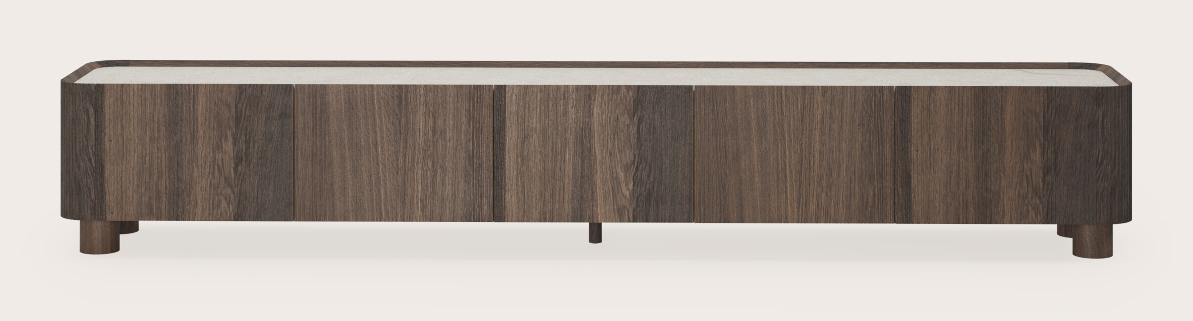 Meuble tv Grivato en chêne fumé avec pieds ronds en bois avec plateau Ceramo en céramique en couleur Shilin 269 x 45 x 44 cm