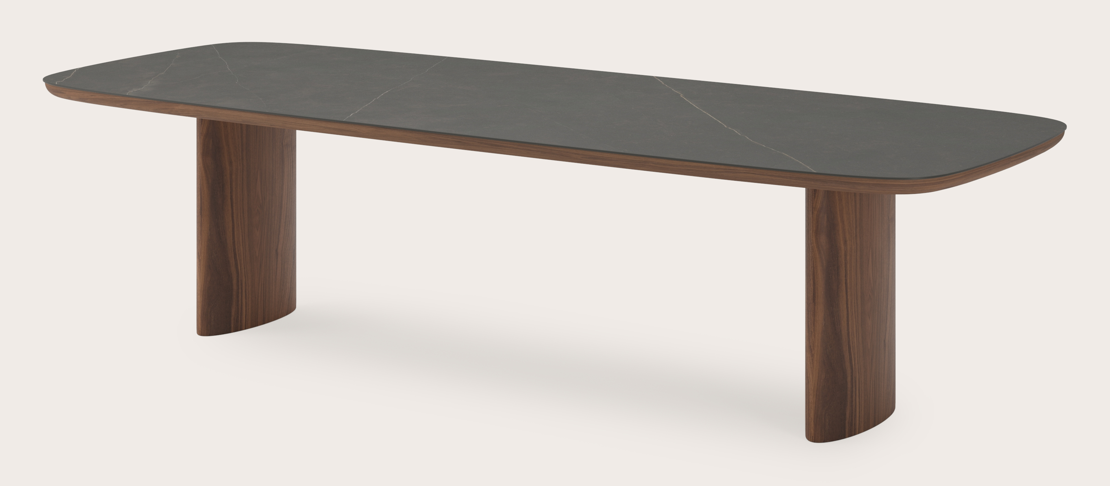 Eettafel Amato Ellipso onderstel in walnoot met bootvormig volkeramisch Ceramo blad in kleur Calatorao 300 x 115 x 76 cm