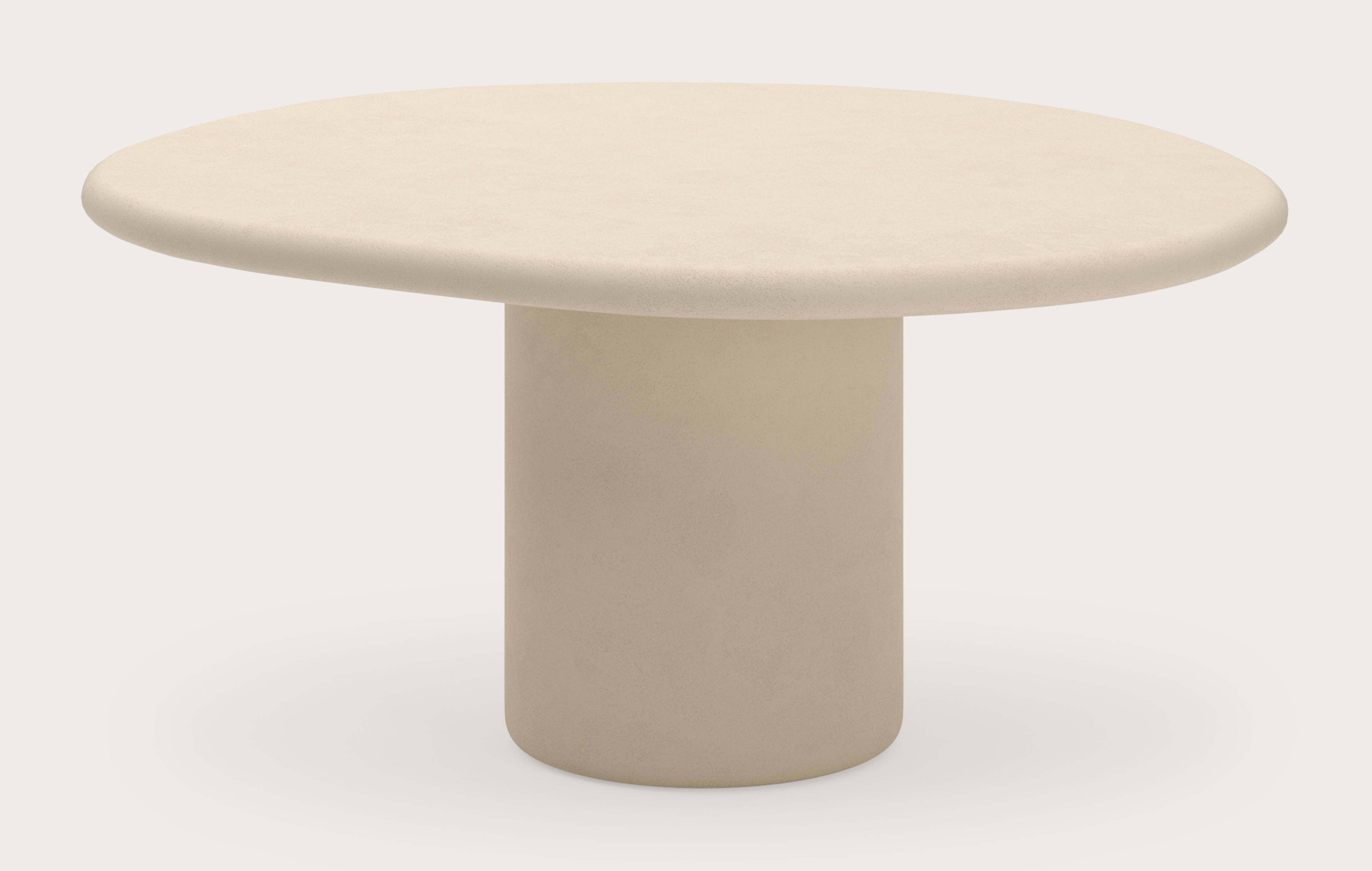 Table de salle à manger low dining Artisano forme pebble en Claylime couleur Moonglade 150 x 135 x 76 cm