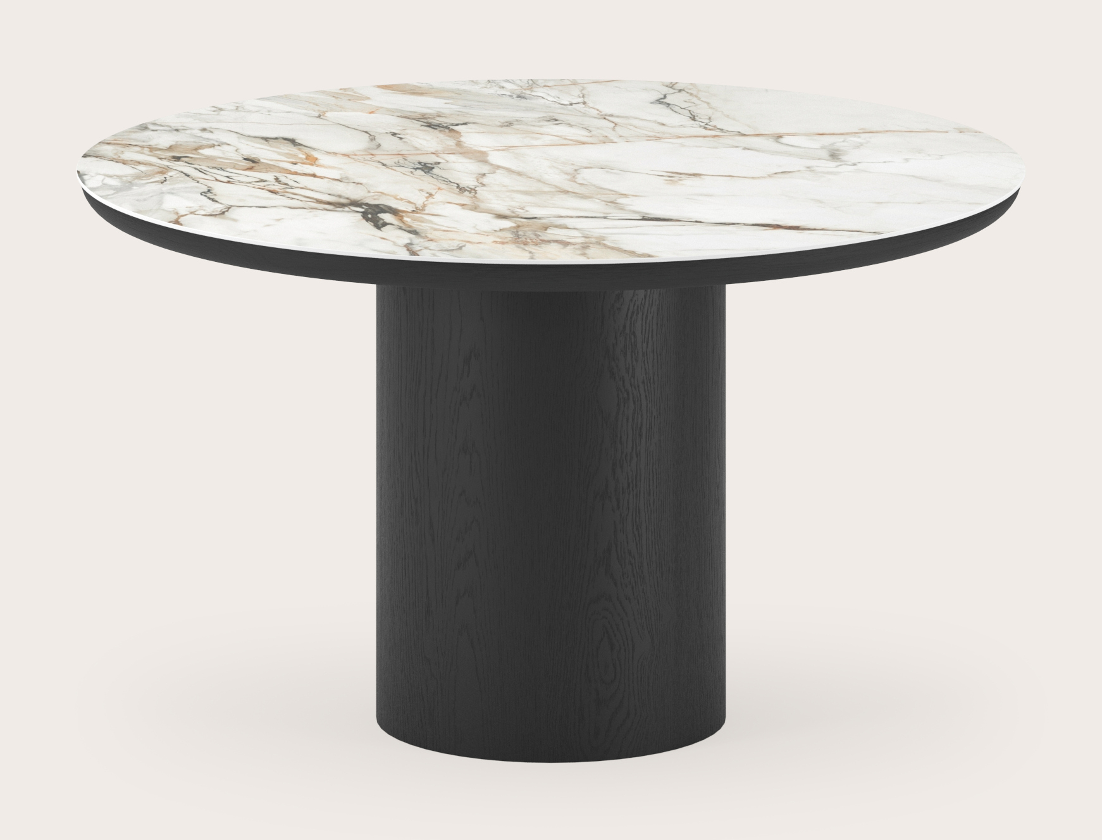 Table de salle à manger Amato Rondo armature en chêne noir avec plateau Ceramo rond en céramique en couleur Calacatta Luxe Ø130 x 76 cm