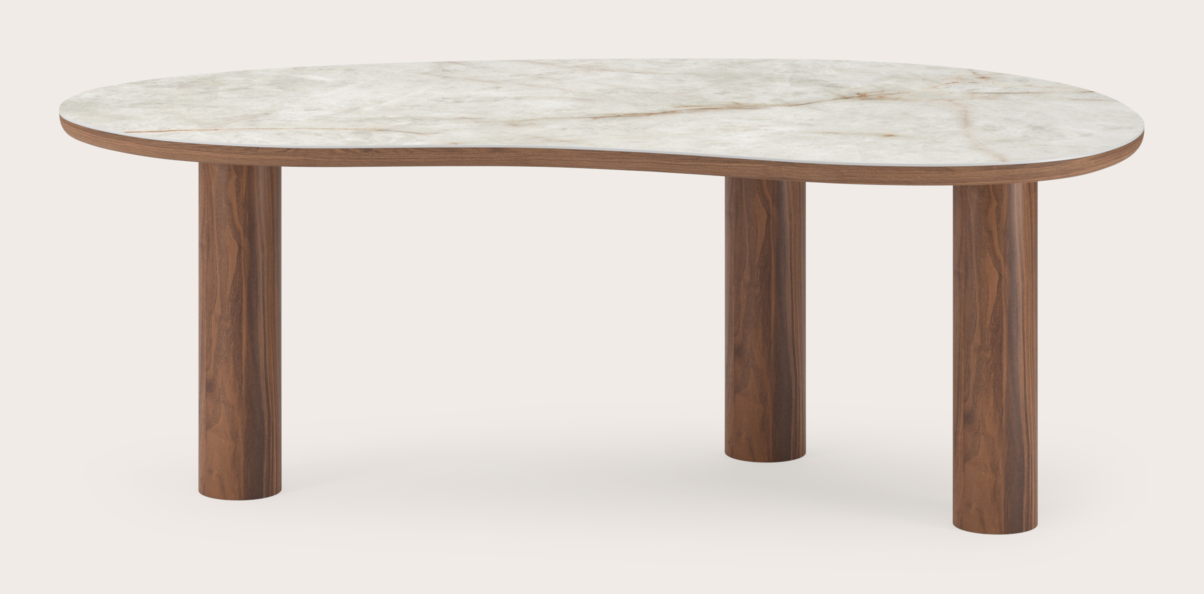 Table de salle à manger Amato Rondo armature en noyer avec plateau Ceramo forme blob en céramique en couleur Himalaya 220 x 112 x 77 cm