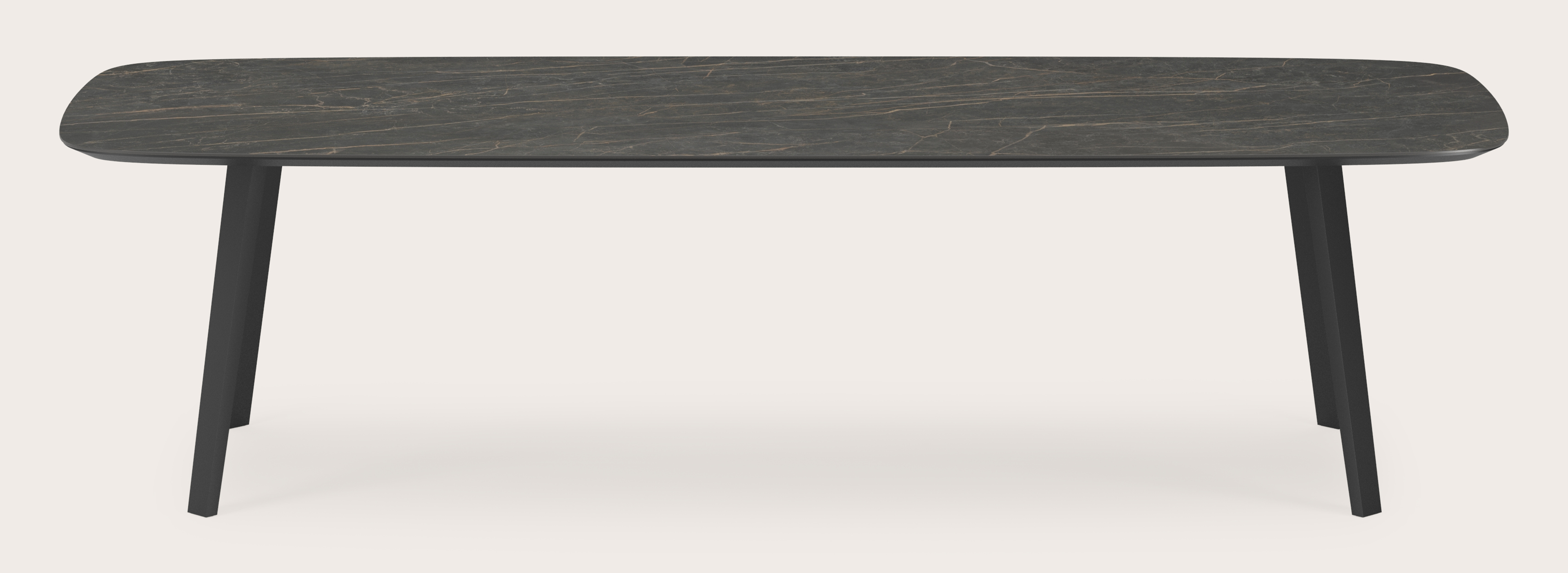 Table de salle à manger Clino armature en métal noir avec plateau Ceramo forme arrondi en céramique en couleur Black Obsession 300 x 115 x 77 cm