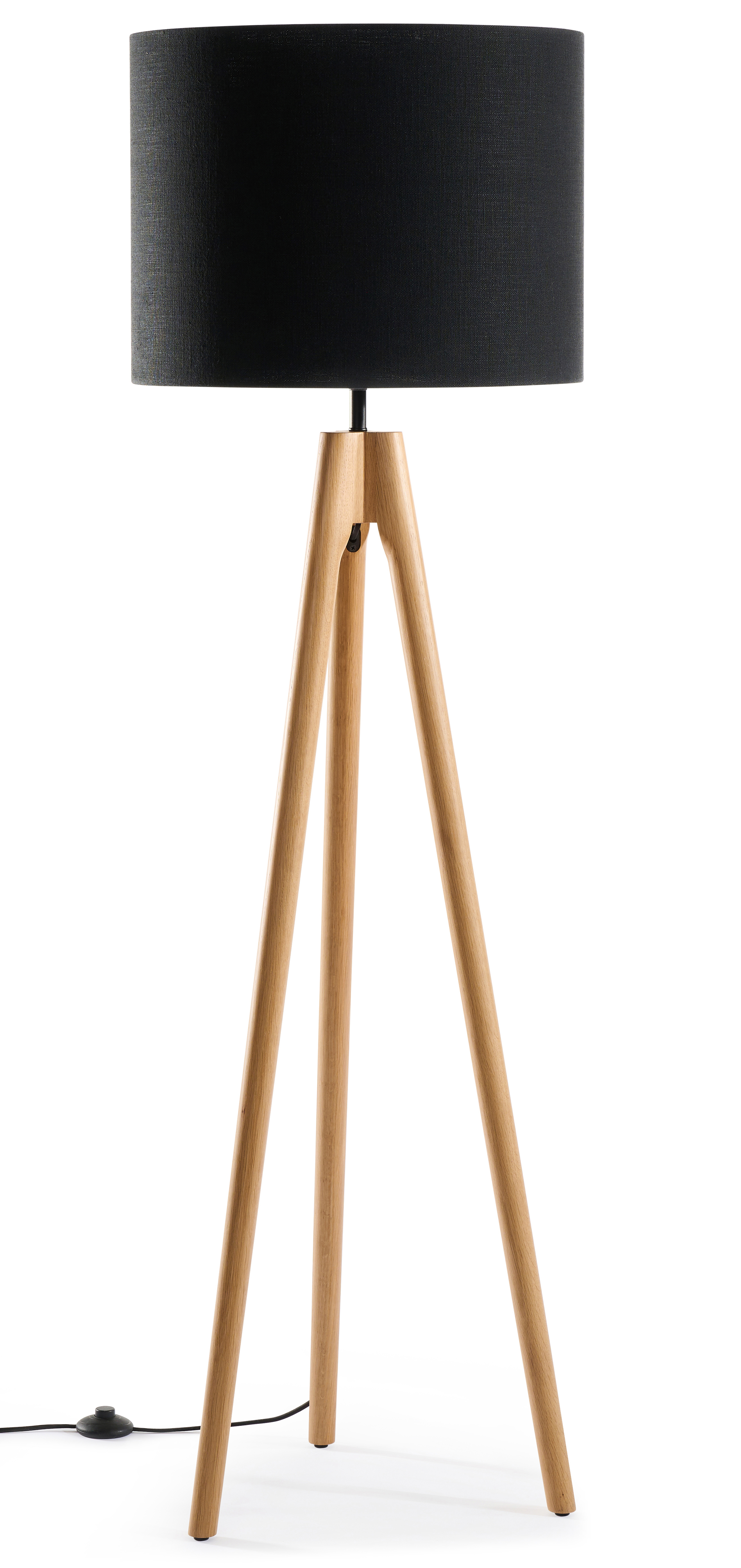 Staande lamp Trepunto in natuurkleurige eik met Giro lampenkap in Livigno stof in kleur Black