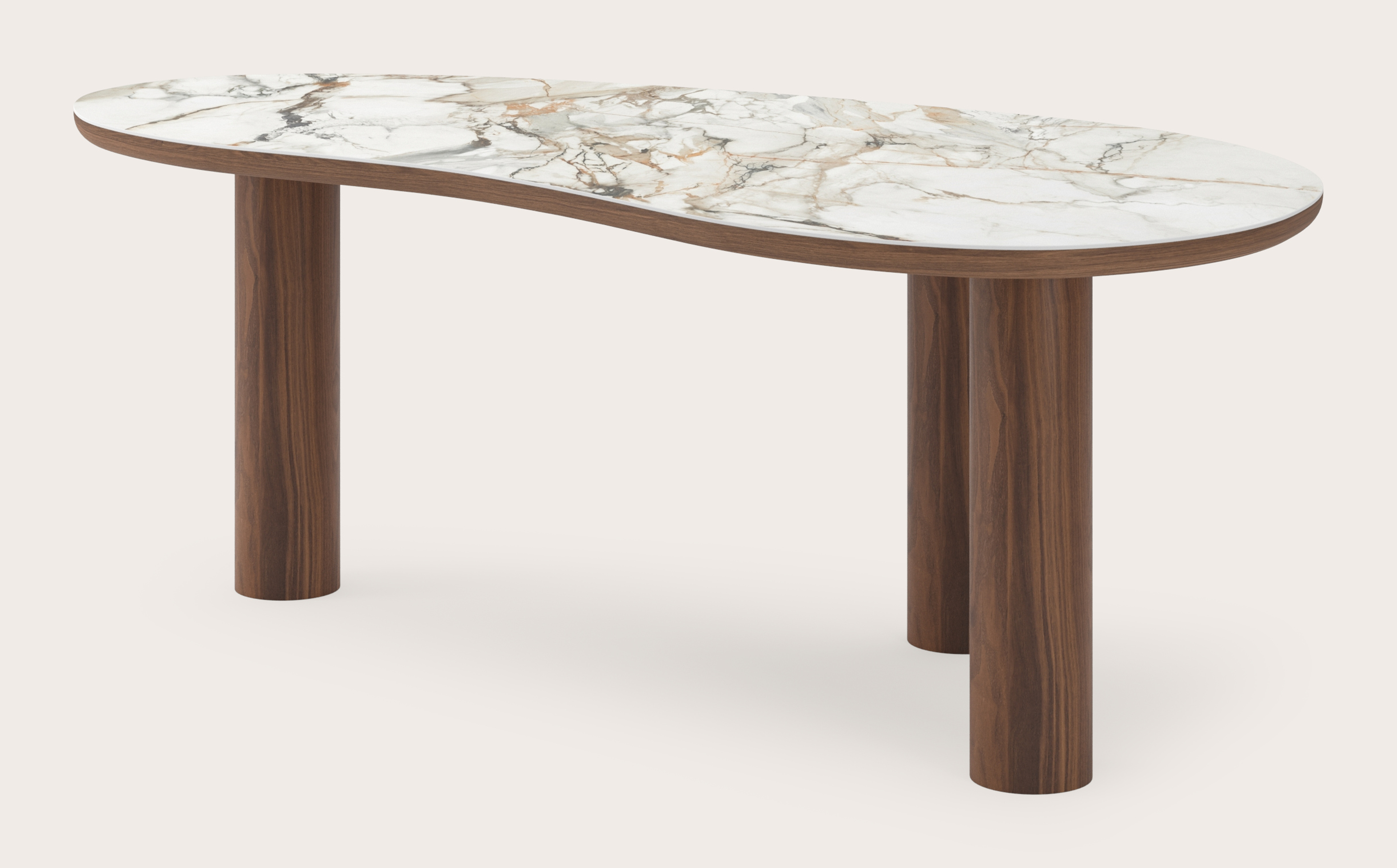 Eettafel Amato Rondo onderstel in walnoot met Blobvormig volkeramisch Ceramo blad in kleur Calacatta Luxe 220 x 112 x 77 cm