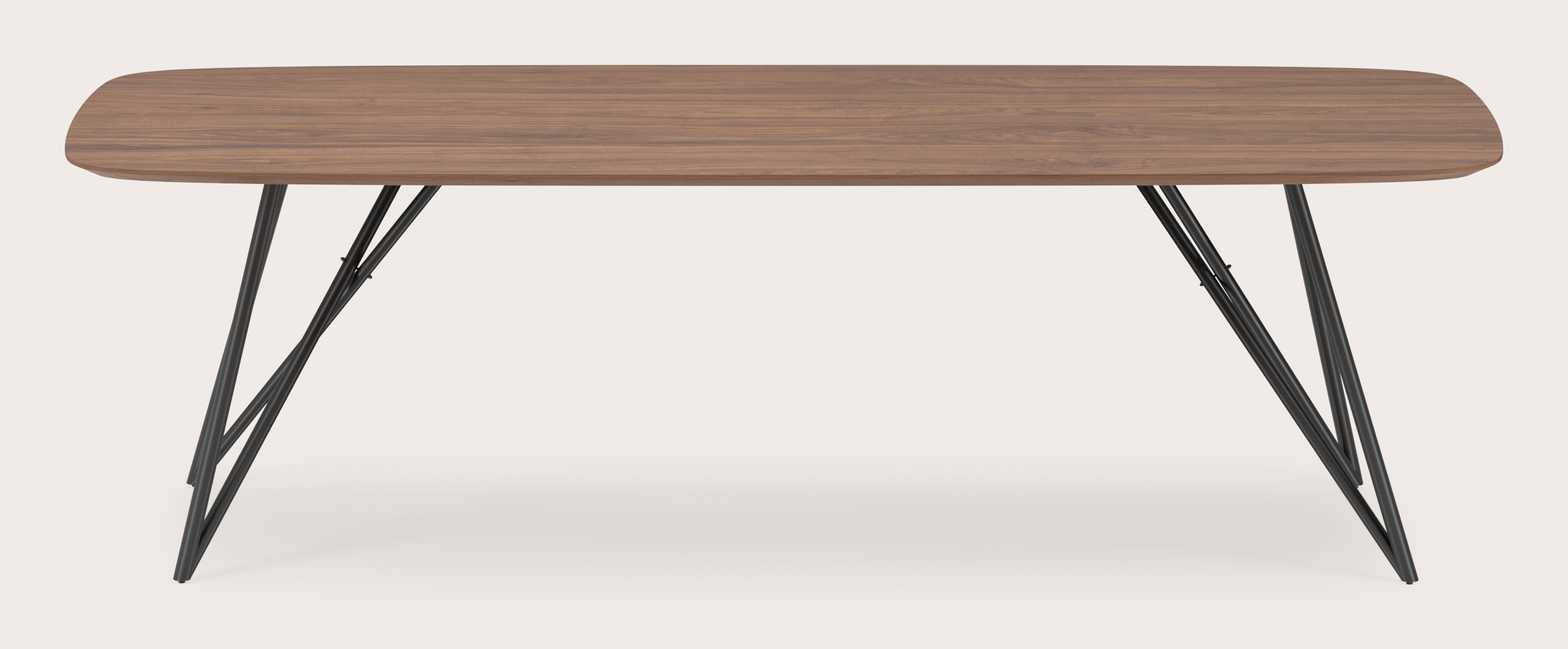 Eettafel Ragno onderstel in zwart metaal met bootvormig Finesso blad in walnoot 260 x 110 x 77 cm