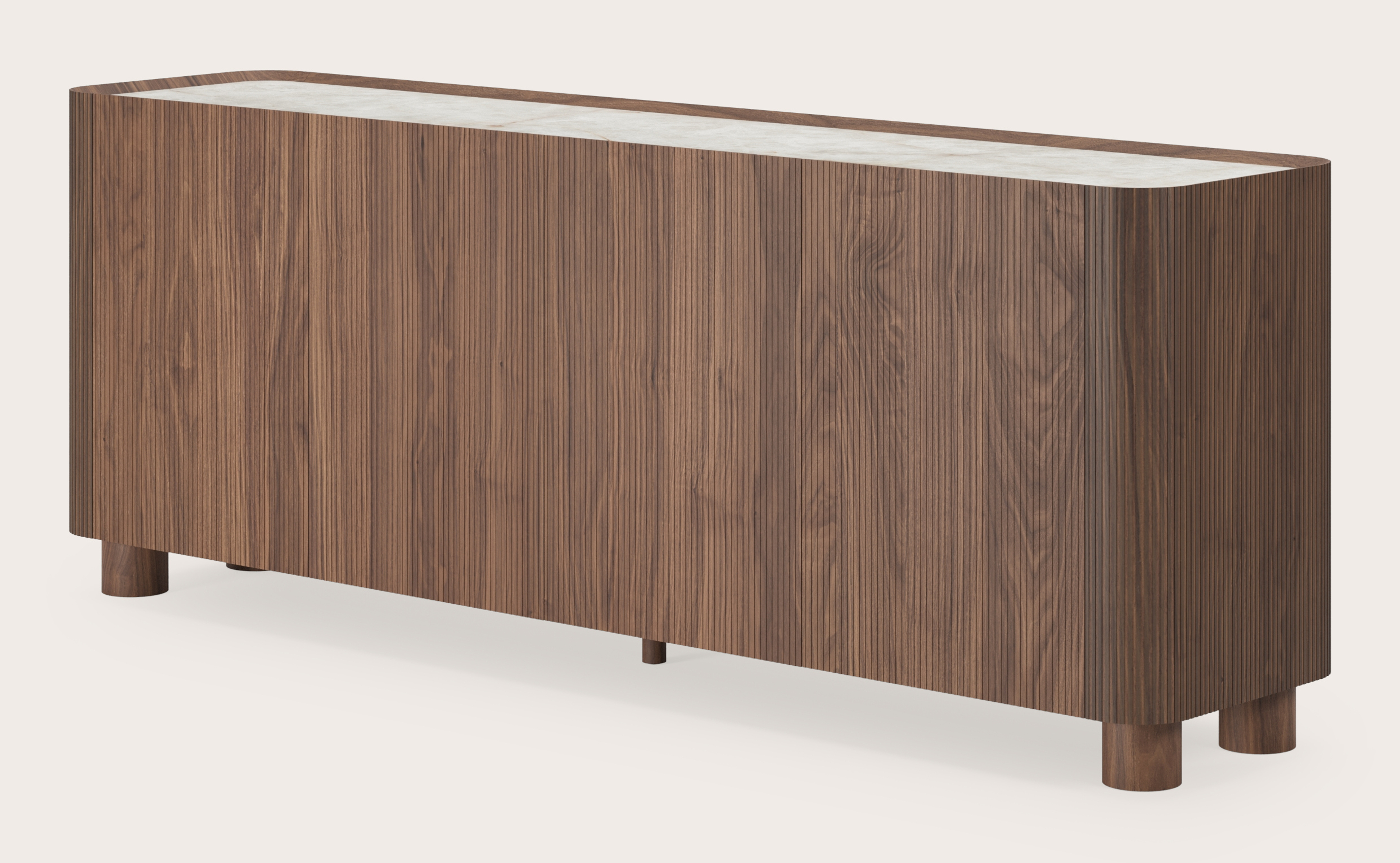 Buffet Grivato en noyer avec pieds ronds avec plateau Ceramo rond en céramique en couleur Himalaya 203 x 45 cm
