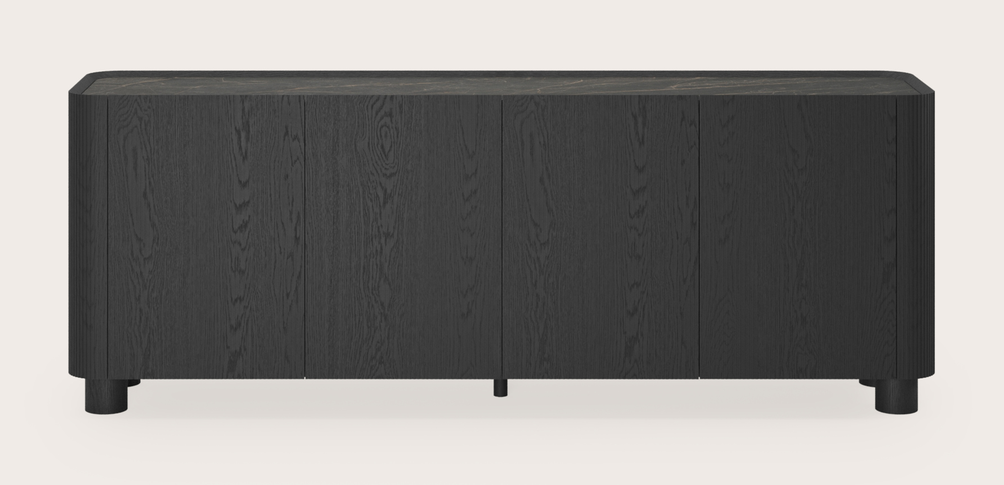 Buffet Grivato en chêne noir avec pieds ronds avec plateau Ceramo rond en céramique en couleur Black Obsession 203 x 45 cm
