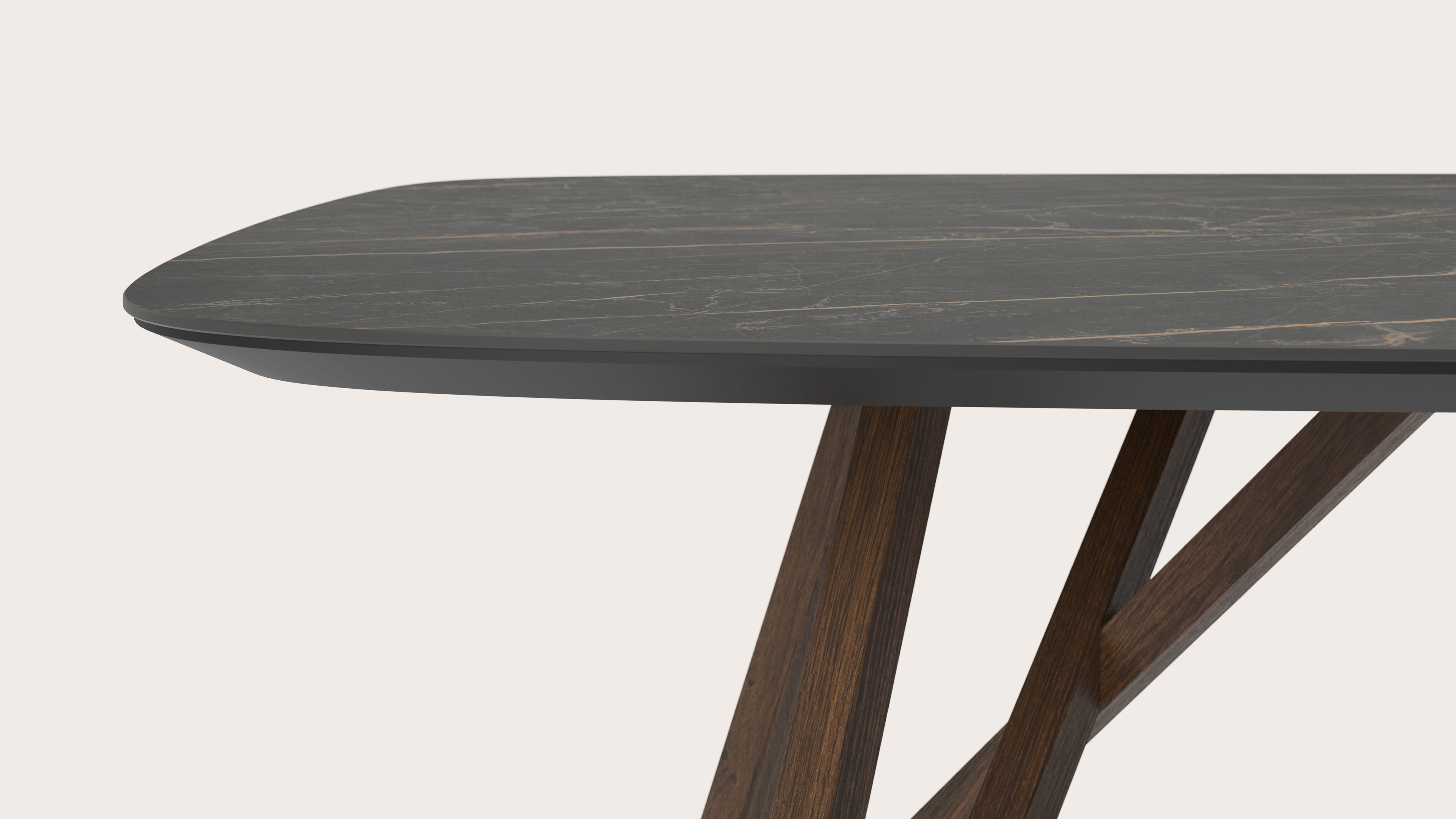 Table de salle à manger Ragno armature en chêne fumé avec plateau Ceramo forme arrondie en céramique en couleur Black Obsession 300 x 115 x 77 cm