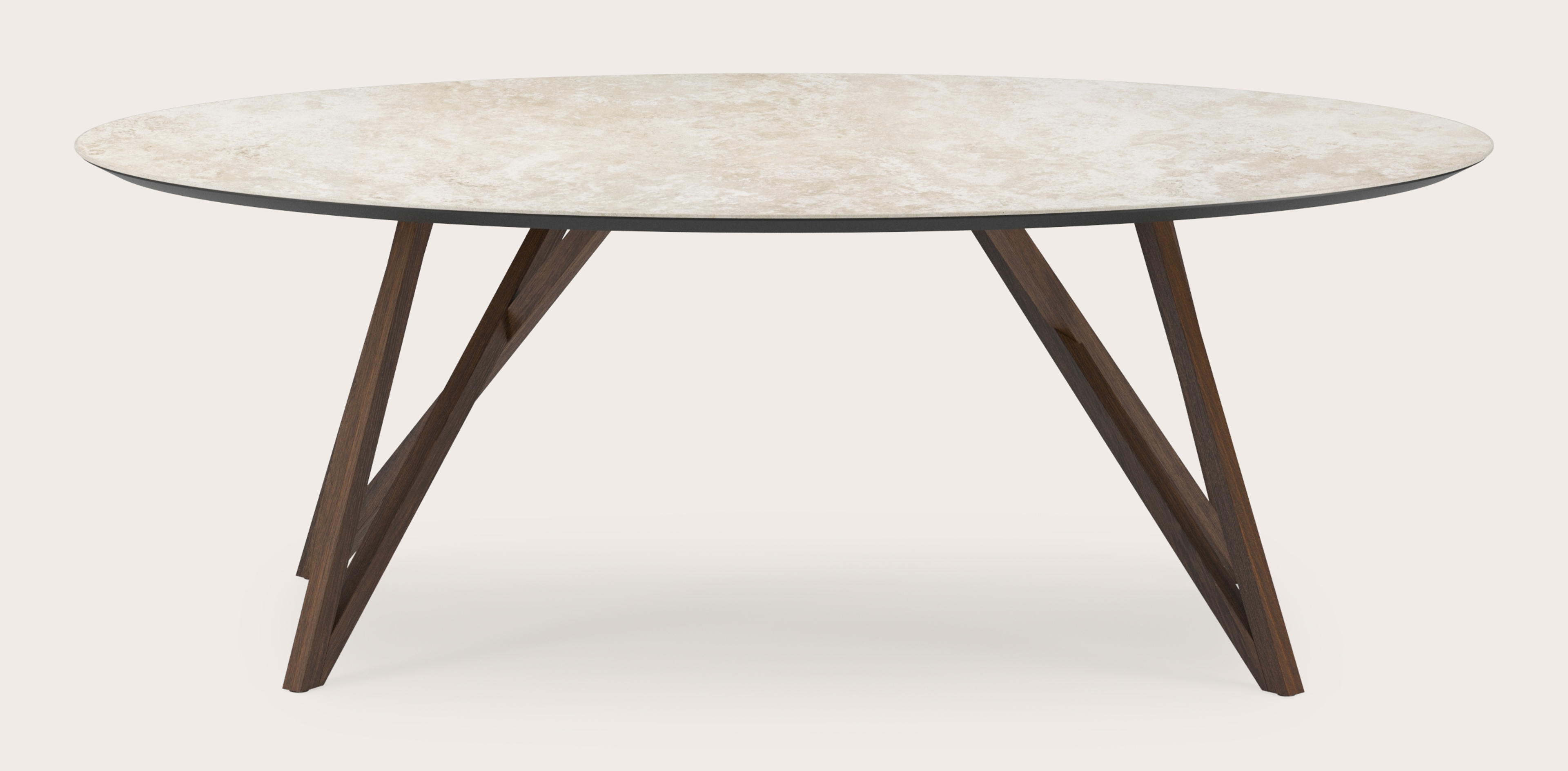 Eettafel Ragno onderstel in gerookte eik met ovaal volkeramisch Ceramo blad in kleur Rapolano 220 x 120 x 77 cm