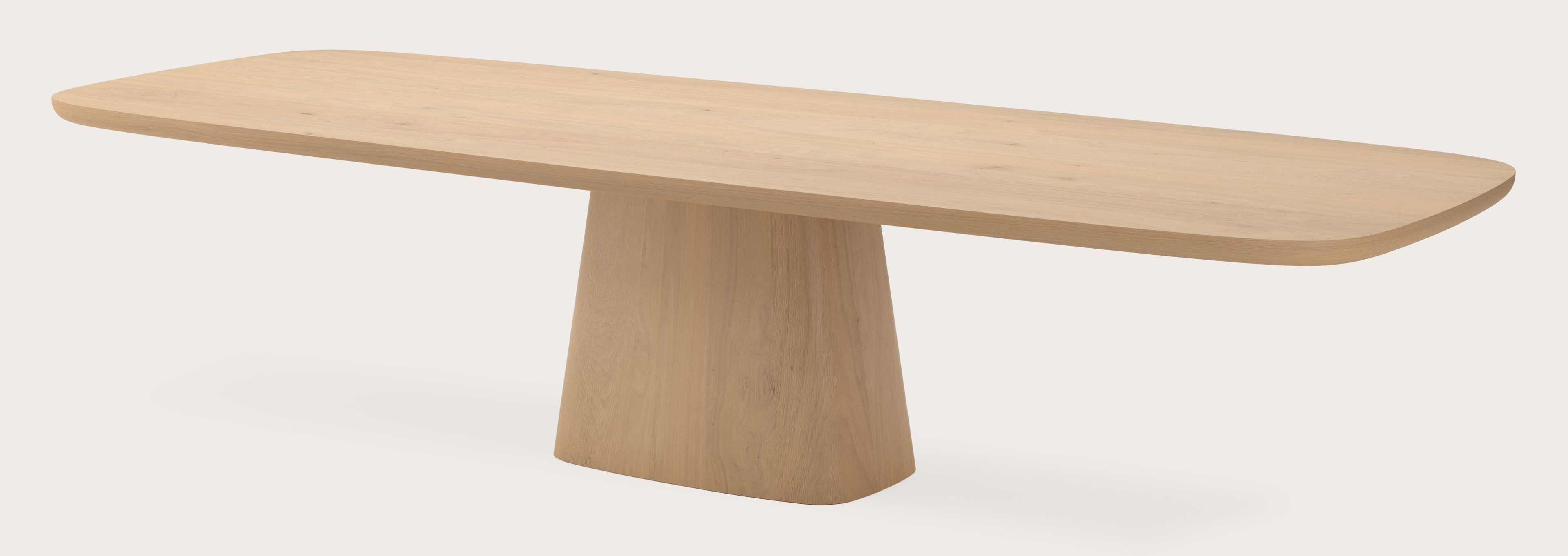 Eettafel Amato Cuadro onderstel met bootvormig Amato blad in natuurkleurige eik 340 x 120 x 76 cm