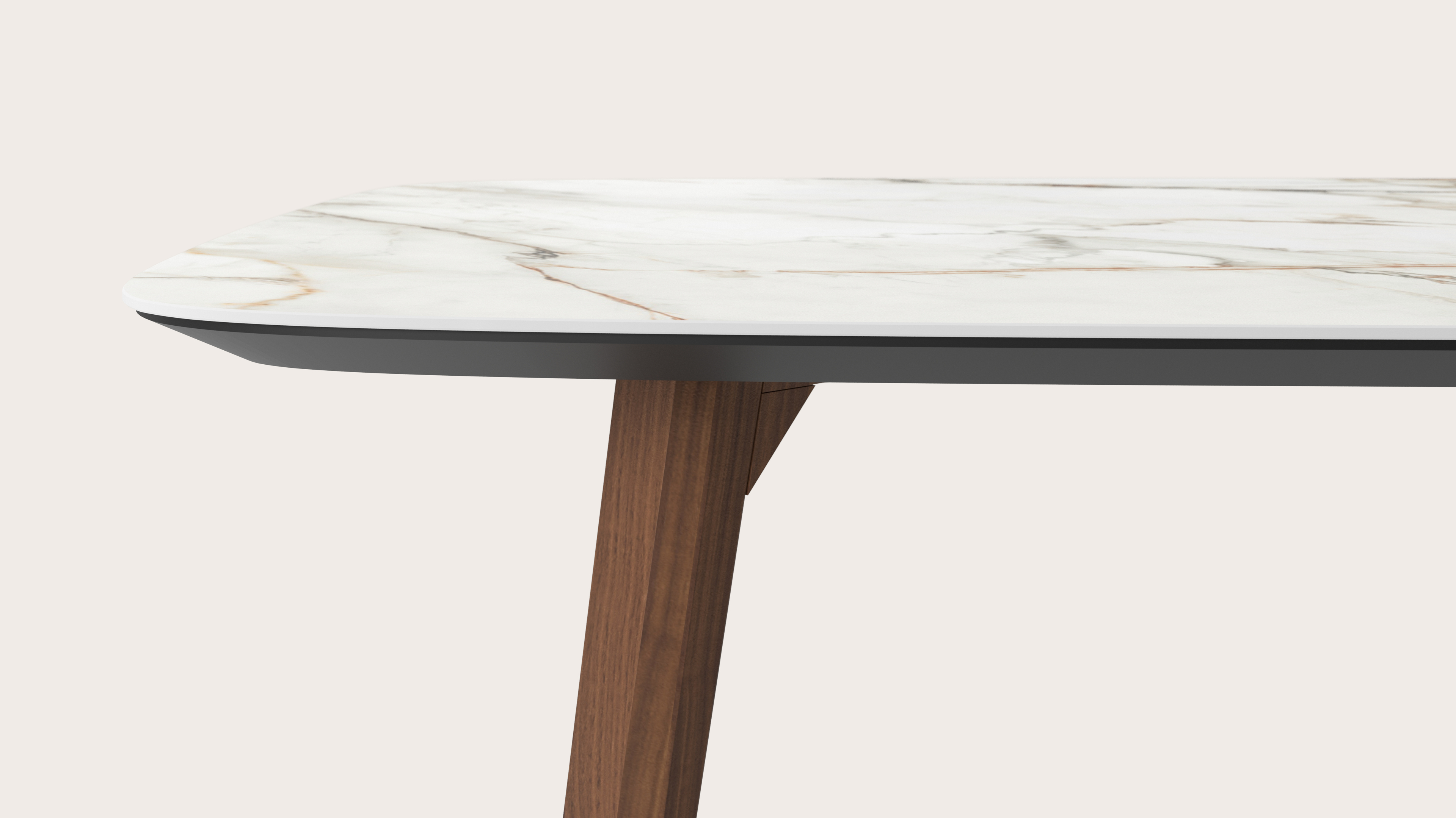 Eettafel Clino onderstel in walnoot met bootvormig volkeramisch Ceramo blad in kleur Calacatta Luxe 180 x 100 x 77 cm