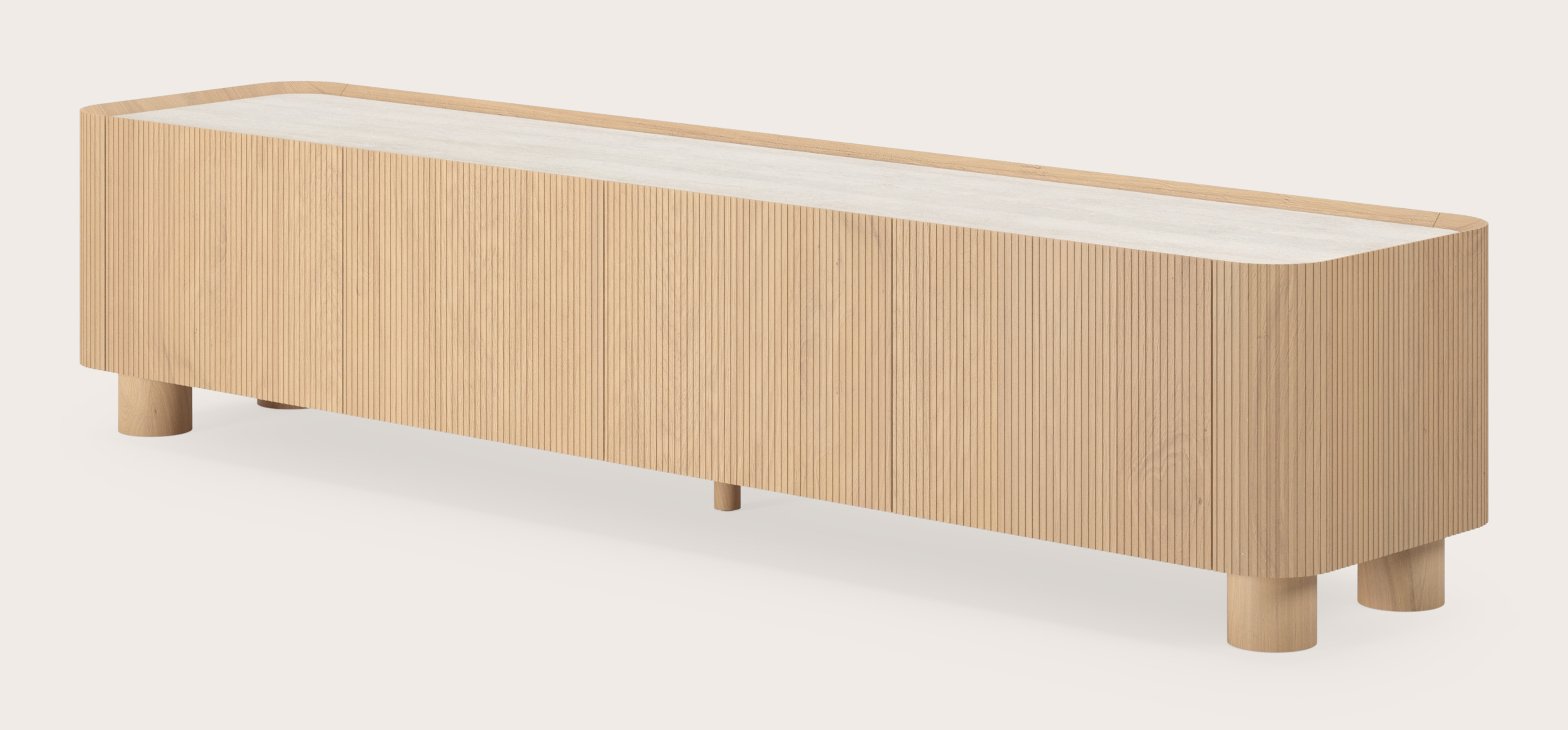 Meuble tv Grivato en chêne couleur naturelle avec pieds ronds avec plateau Ceramo rond en céramique en couleur Travertino Bianco 203 x 45 cm