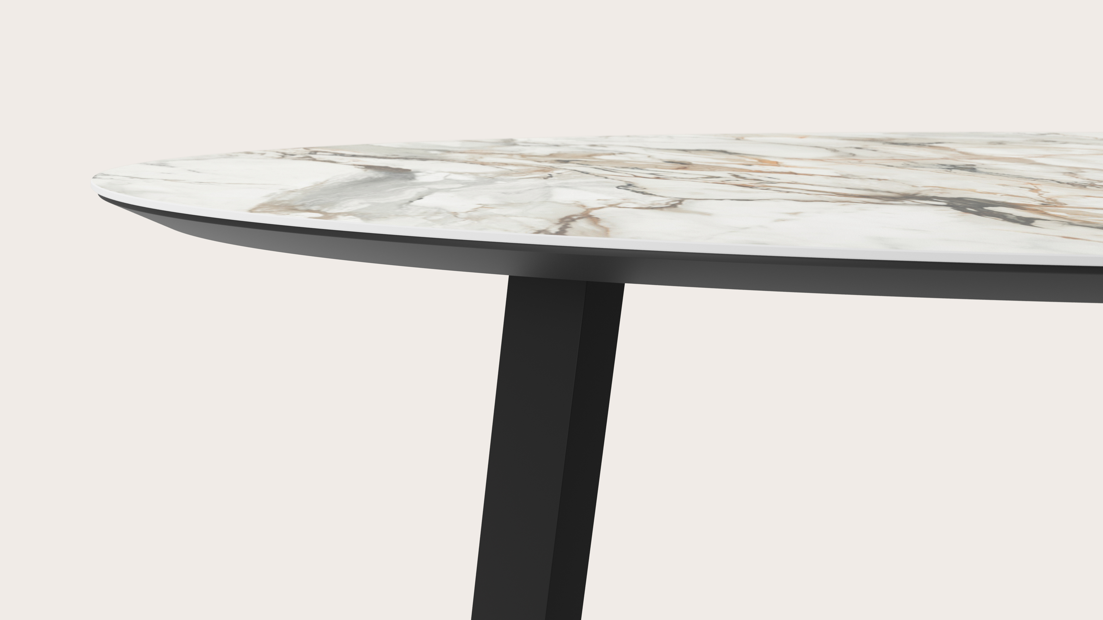 Eettafel Clino onderstel in zwart metaal met ovaal volkeramisch Ceramo blad in kleur Calacatta Luxe  180 x 110 x 77 cm