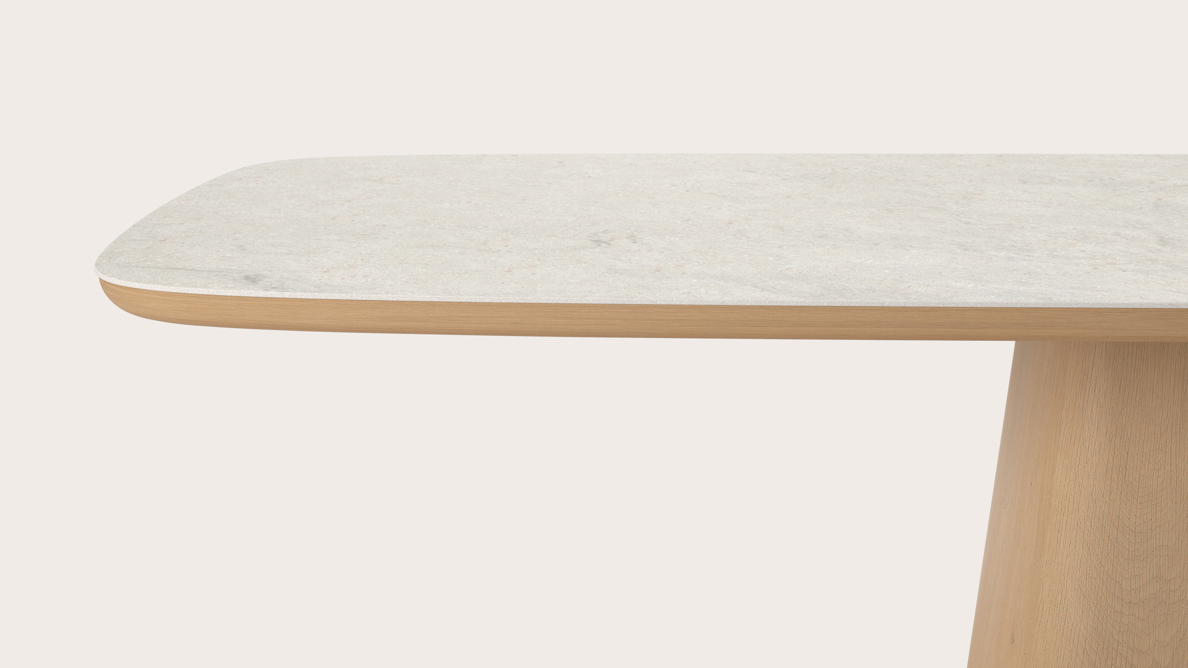 Eettafel Amato Cuadro onderstel in chêne couleur naturelle avec plateau Ceramo forme arrondie en céramique en couleur Shilin 300 x 115 x 77 cm