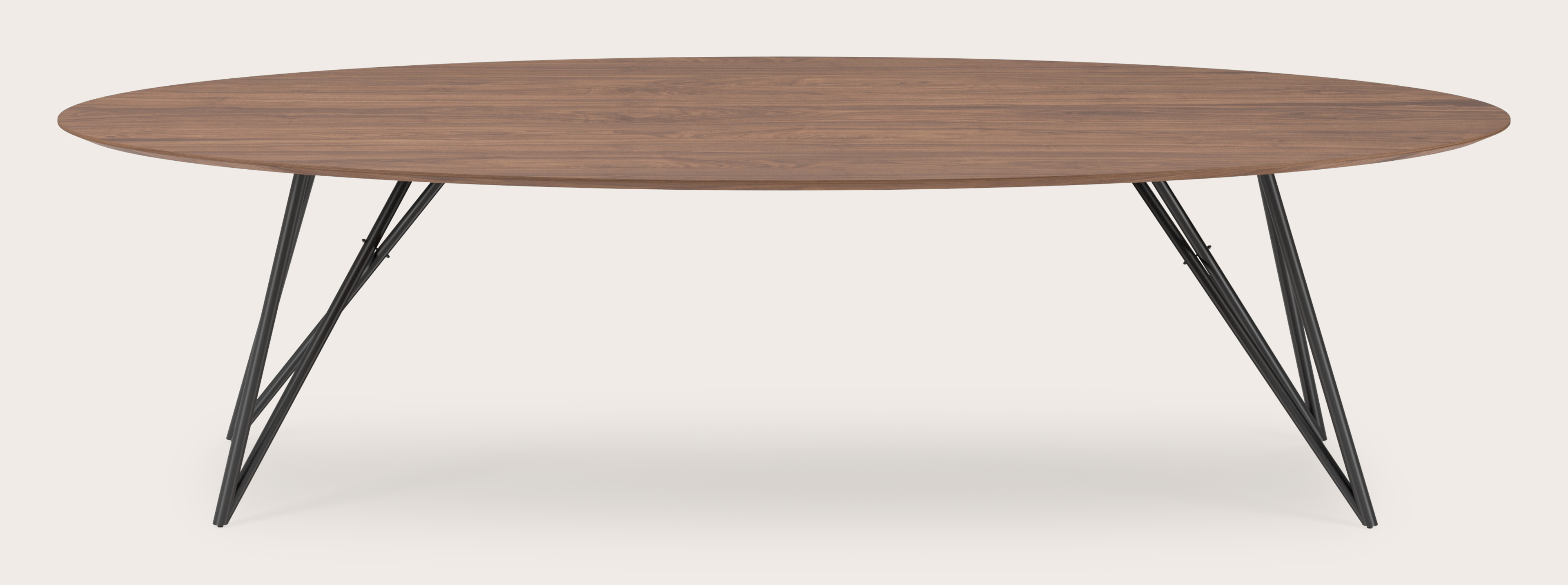 Table de salle à manger Ragno armature en métal noir avec plateau Finesso en forme ovale en noyer 300 x 140 x 77 cm