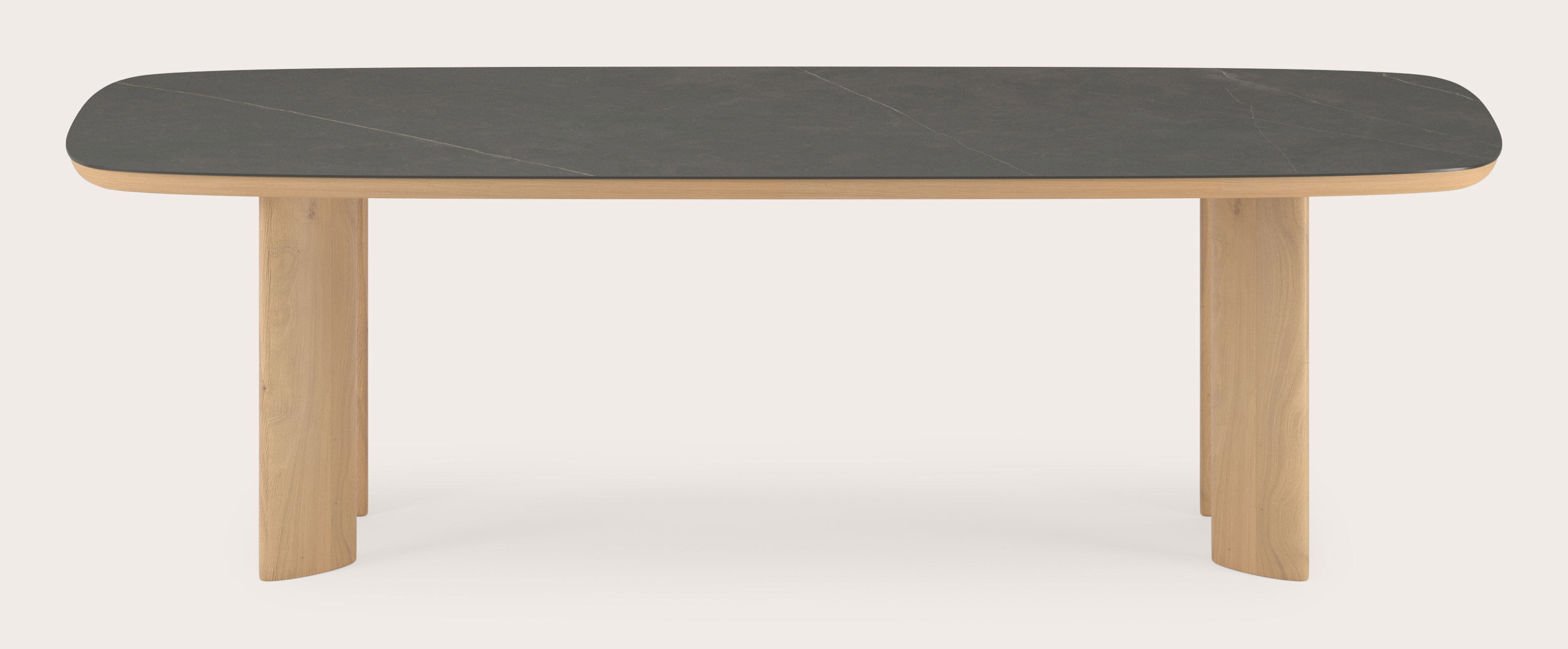 Table de salle à manger Amato Ellipso armature en chêne couleur naturelleavec plateau Ceramo forme arrondie en céramique en couleur Calatorao 260 x 110 x 76 cm