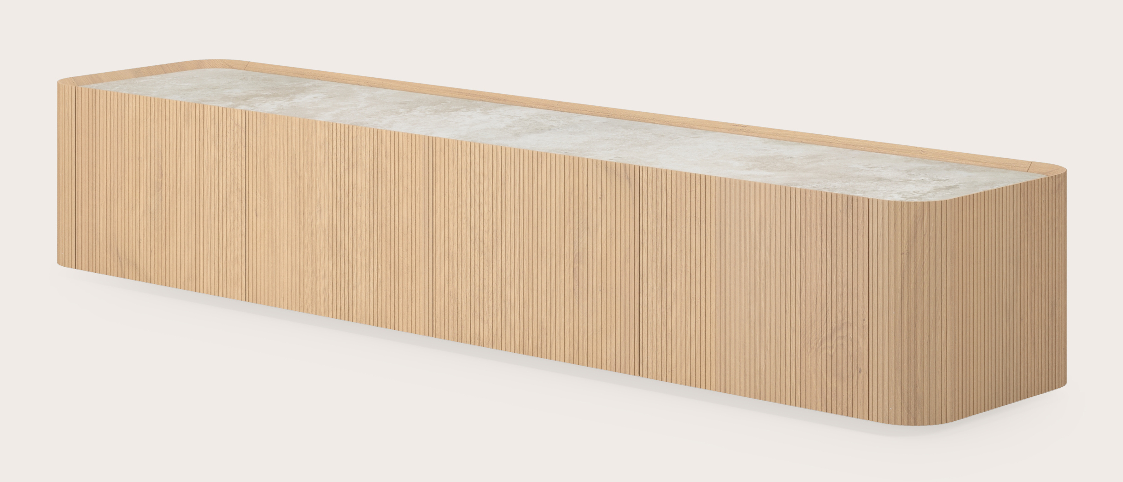 Meuble tv Grivato en chêne couleur naturelle avec pieds ronds avec plateau Ceramo rond en céramique en couleur Rapolano 203 x 45 cm