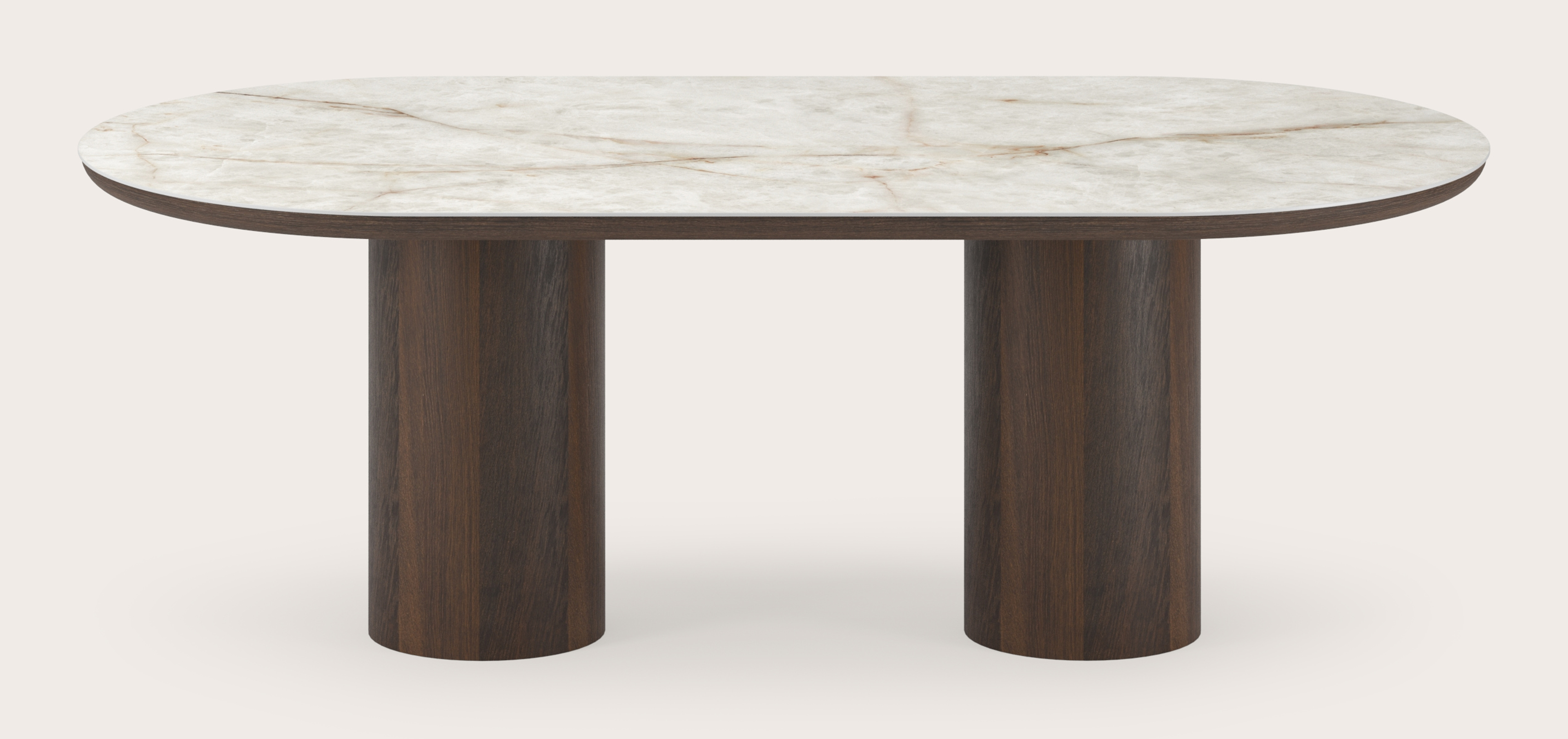 Table de salle à manger Amato Rondo armature en chêne fumé avec plateau Ceramo ovale plat en céramique en couleur Himalaya 220 x 110 x 76 cm