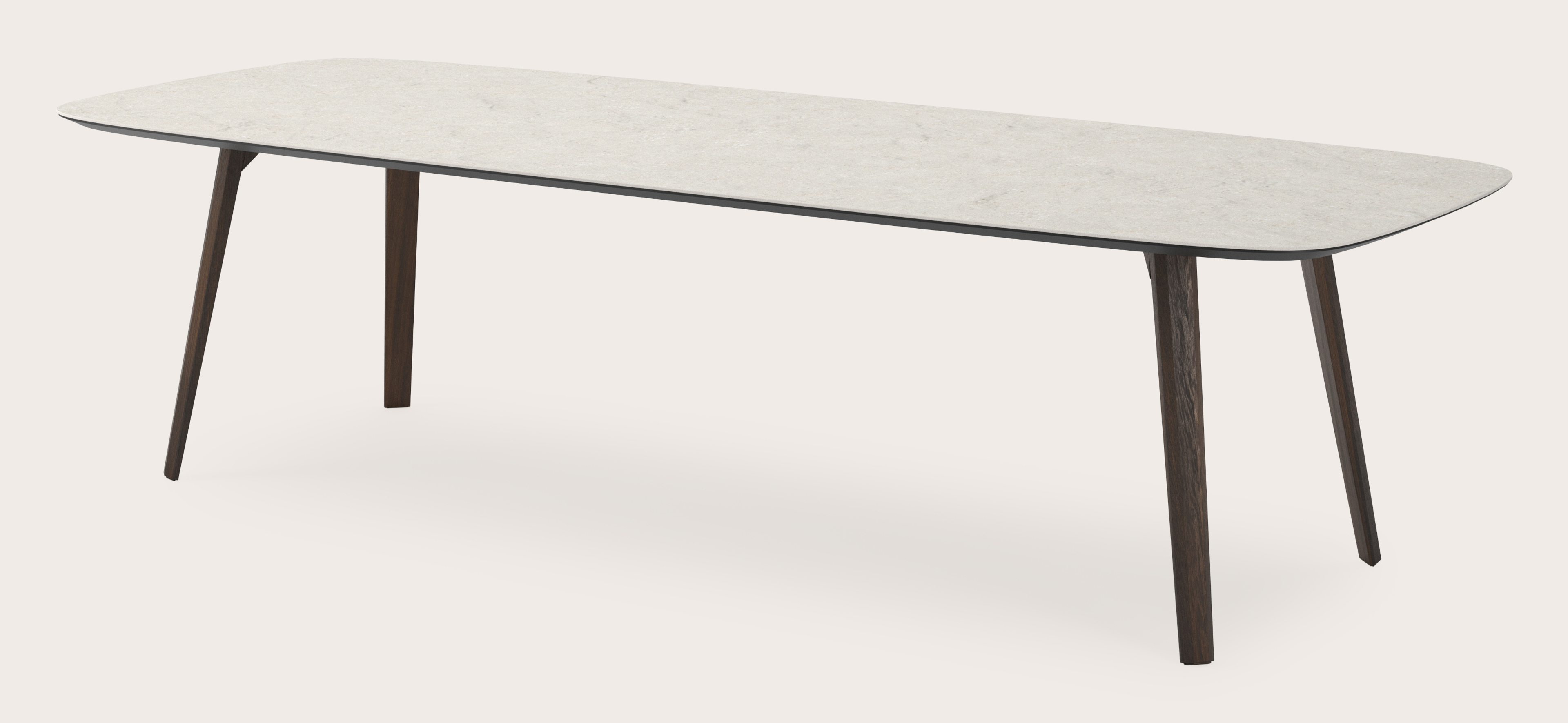 Eettafel Clino onderstel in gerookte eik met bootvormig volkeramisch Ceramo blad in kleur Shilin 300 x 115 x 77 cm