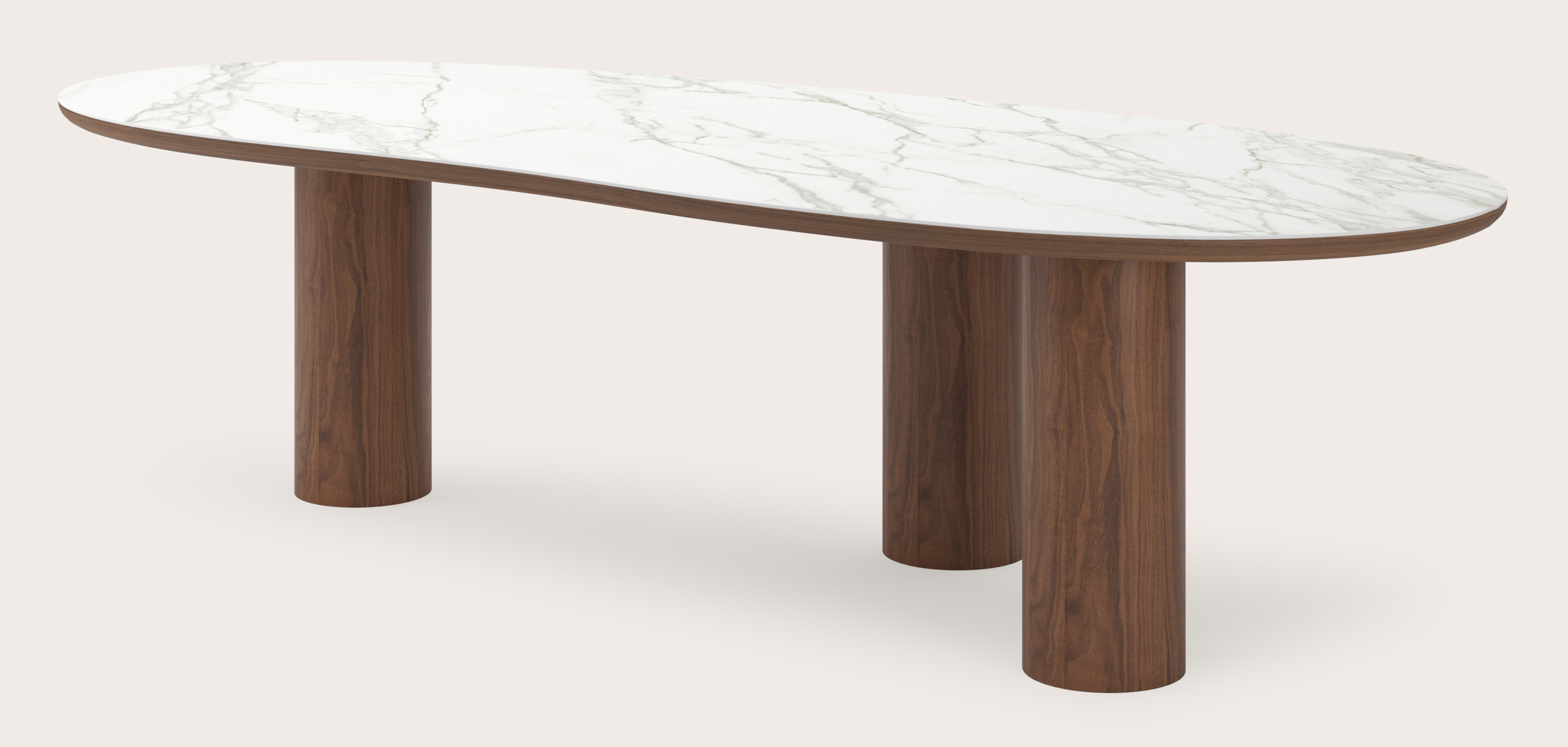 Eettafel Amato Rondo onderstel in walnoot met Blobvormig volkeramisch Ceramo blad in kleur Calacatta 300 x 122 x 77 cm