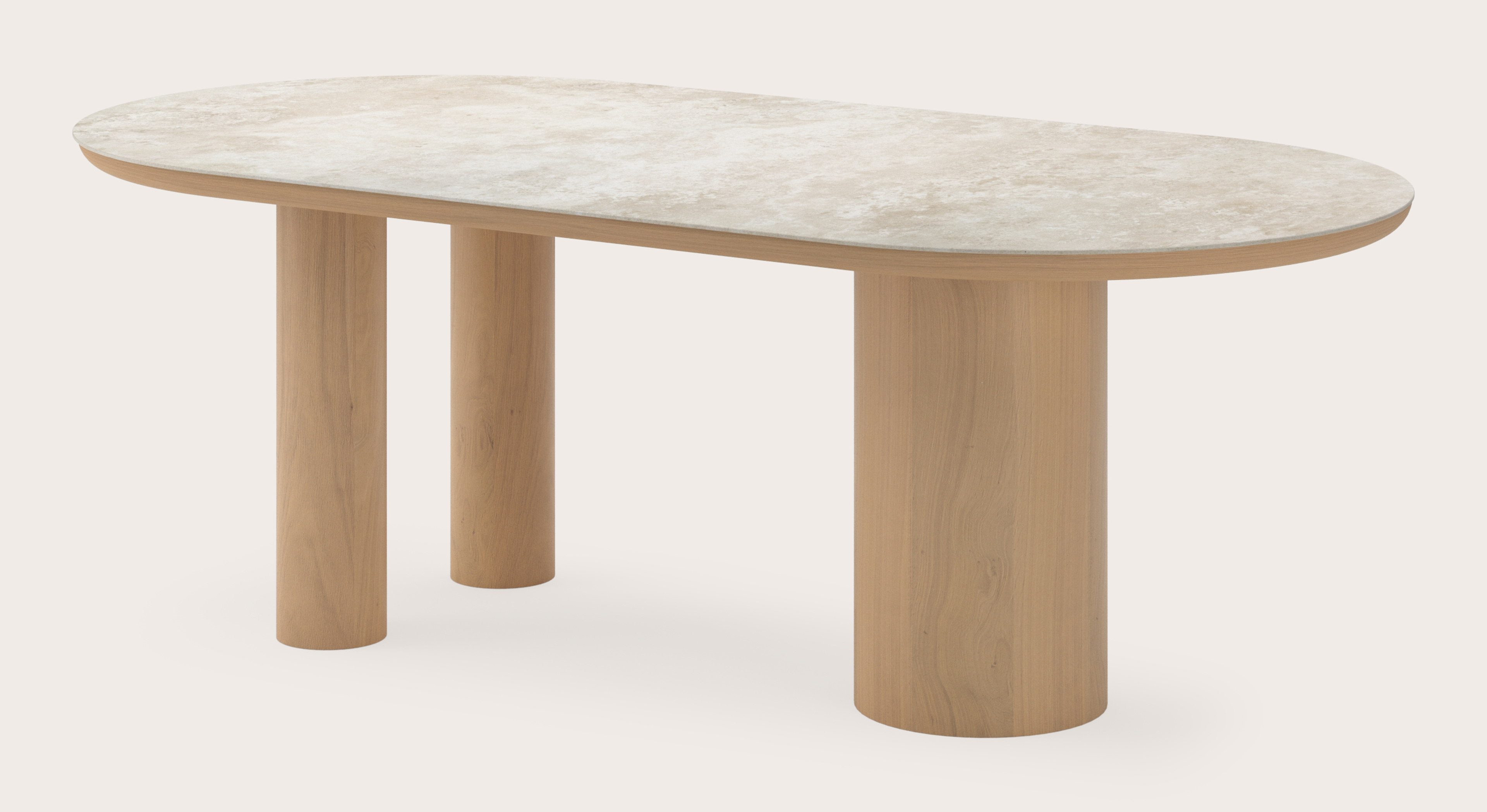 Eettafel Amato Rondo onderstel in natuurkleurige eik met plat ovaal volkeramisch Ceramo blad in kleur Rapolano 220 x 110 x 76 cm