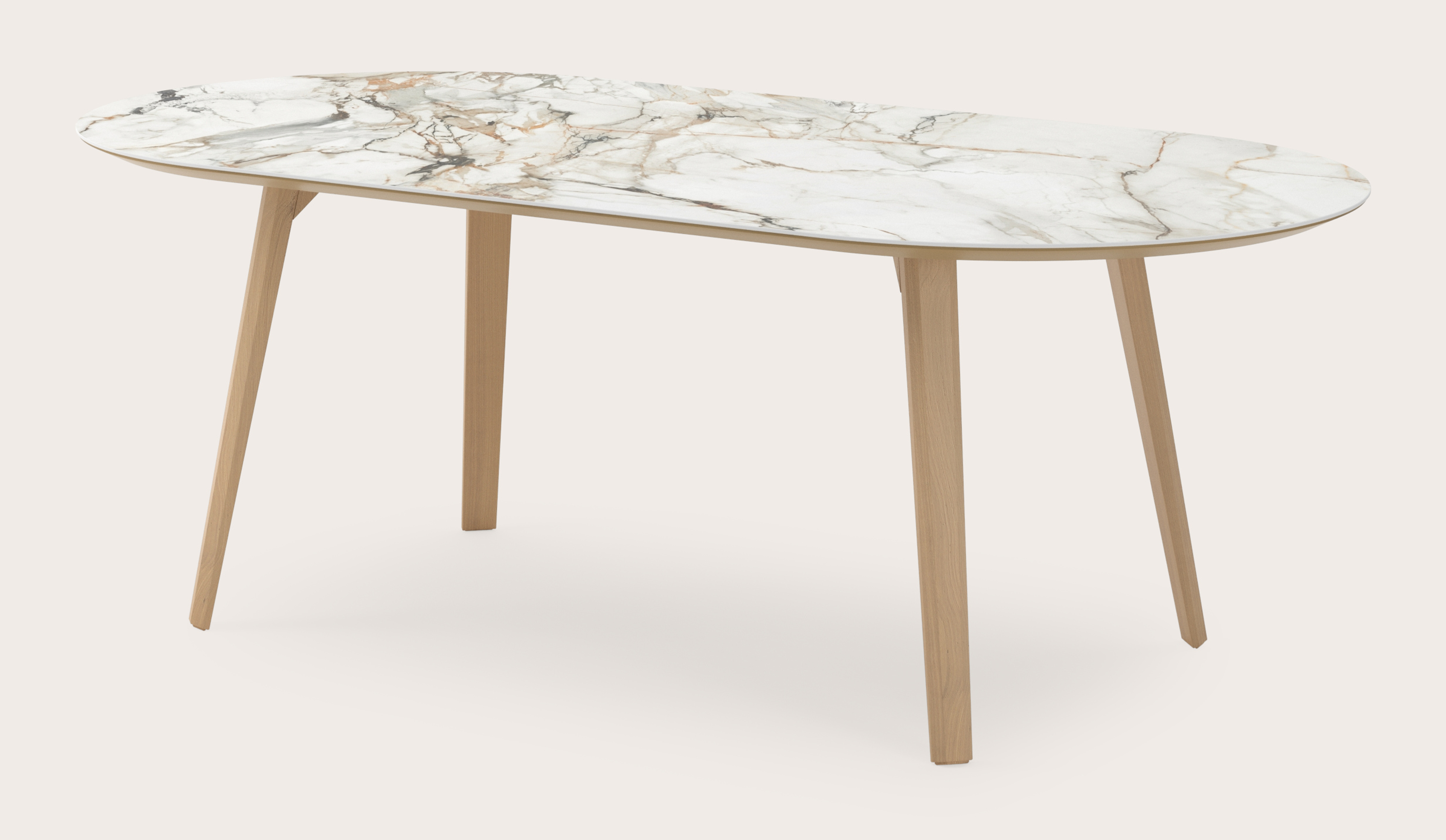 Eettafel Clino onderstel in natuurkleurige eik met plat ovaal volkeramisch Ceramo blad in kleur Calacatta Luxe 220 x 110 x 77 cm