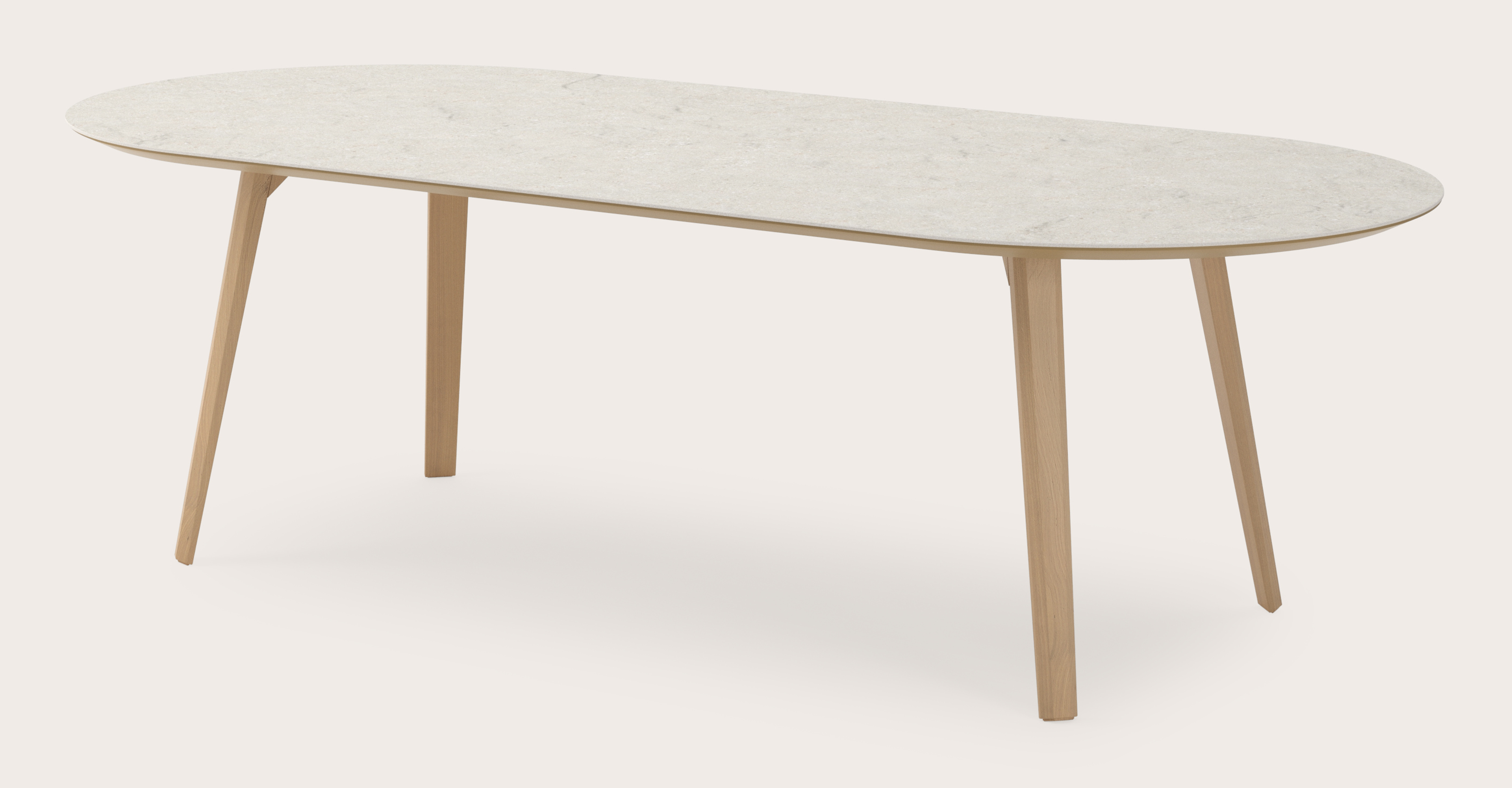 Table de salle à manger Clino armature en chêne couleur naturelle avec plateau Ceramo ovale plat en céramique en couleur Shilin 260 x 115 x 77 cm