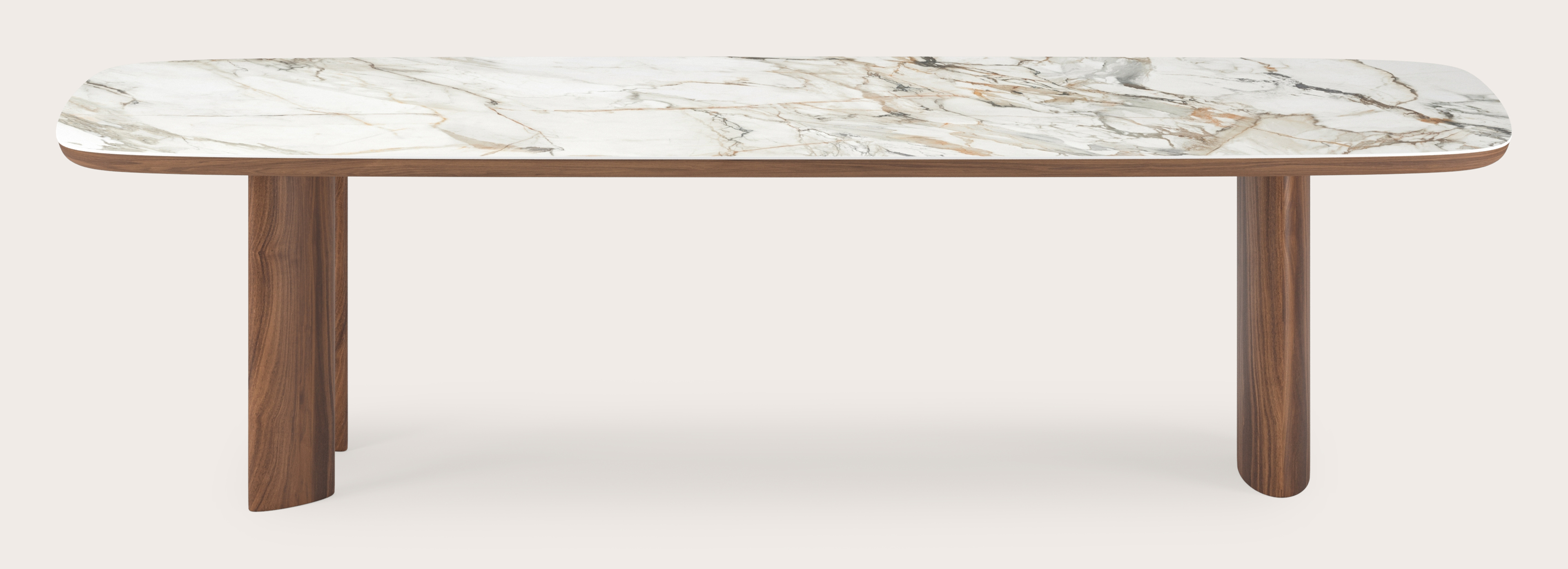 Table de salle à manger Amato Ellipso armature en noyer avec plateau Ceramo forme arrondie en céramique en couleur Calacatta Luxe 300 x 115 x 76 cm