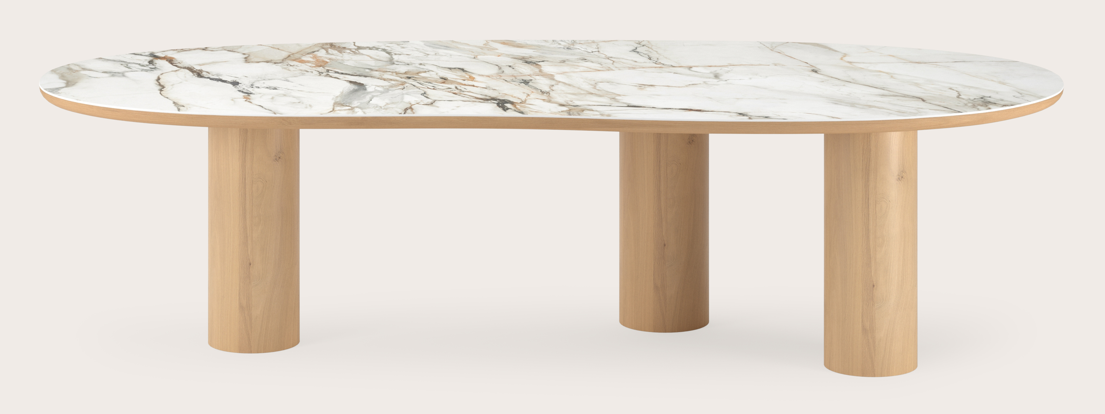 Table de salle à manger Amato Rondo armature en chêne couleur naturelle avec plateau Ceramo forme blob en céramique en couleur Calacatta Luxe 300 x 122 x 77 cm