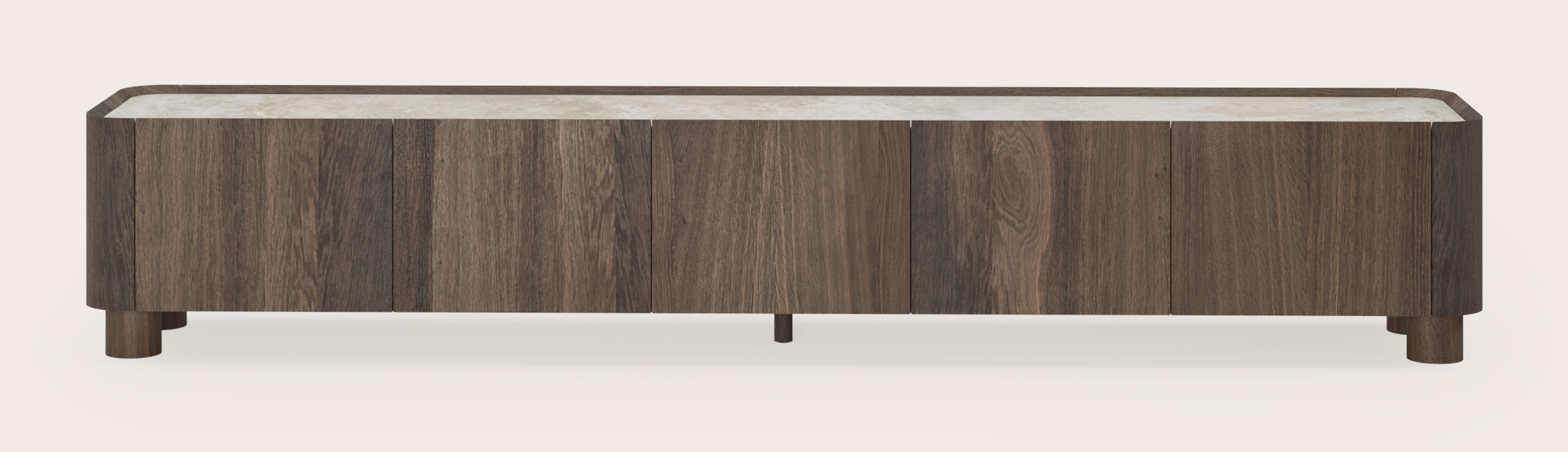Curvato tv-meubel in gerookte eik met ronde houten poten met volkeramisch Ceramo blad in kleur Rapolano 249 x 45 x 44 cm