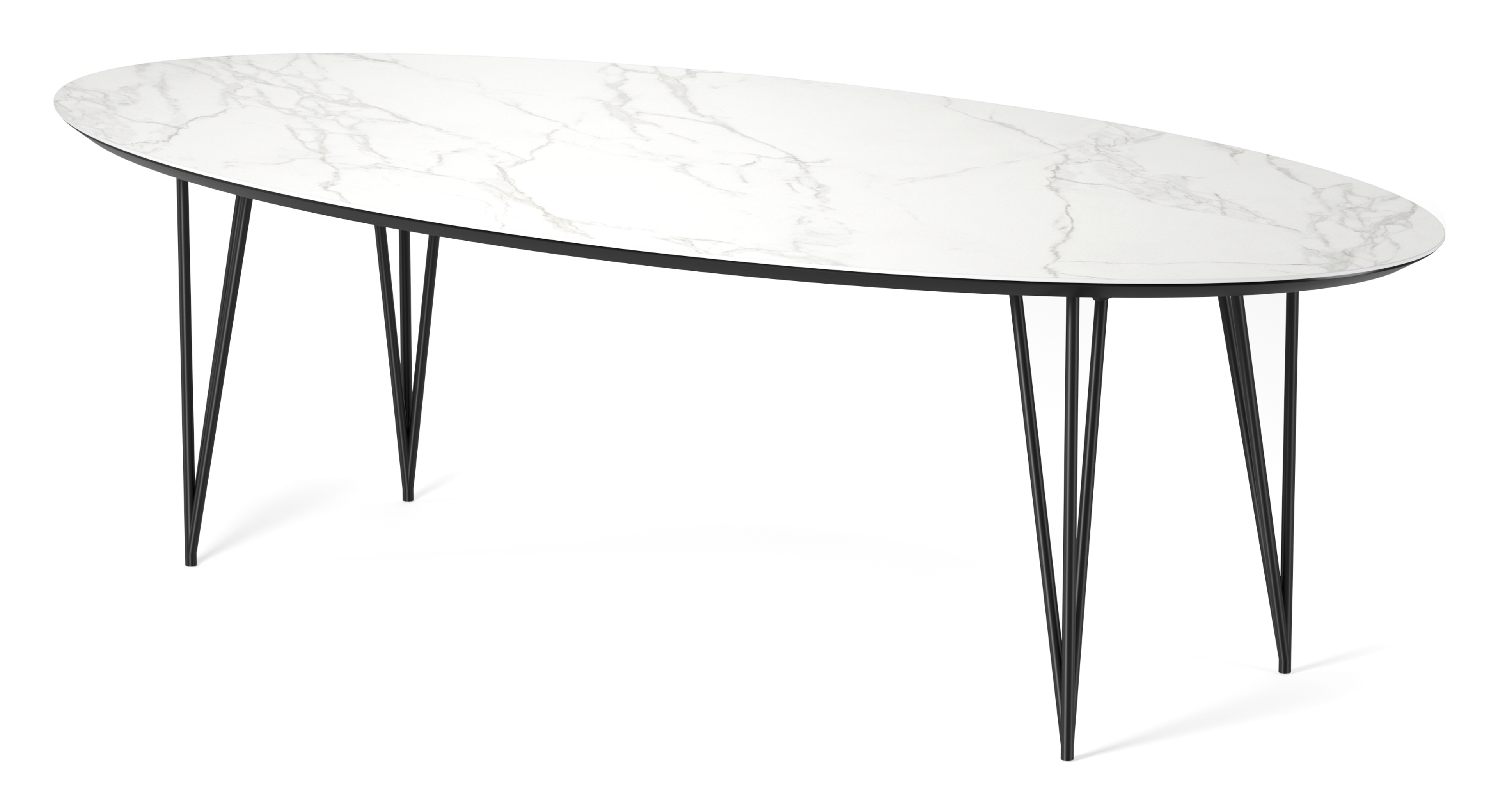 Eettafel Trentino onderstel in zwart metaal met ovaal volkeramisch Ceramo blad in kleur Calacatta 260 x 130 x 77 cm