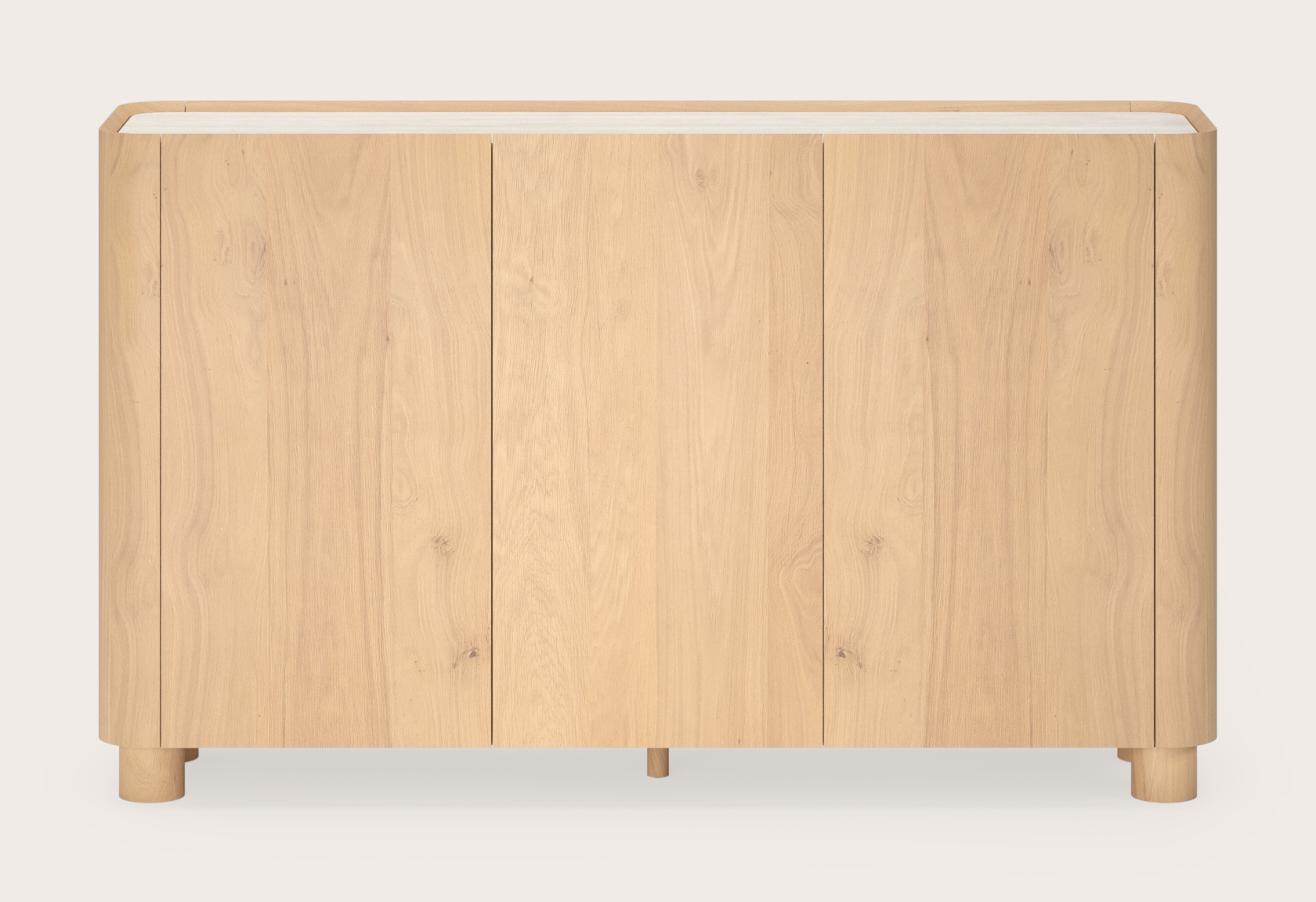 Buffet haut Curvato en chêne couleur naturelle avec pieds ronds en bois avec plateau Ceramo en céramique en couleur Travertino Bianco 169 x 45 x 102 cm