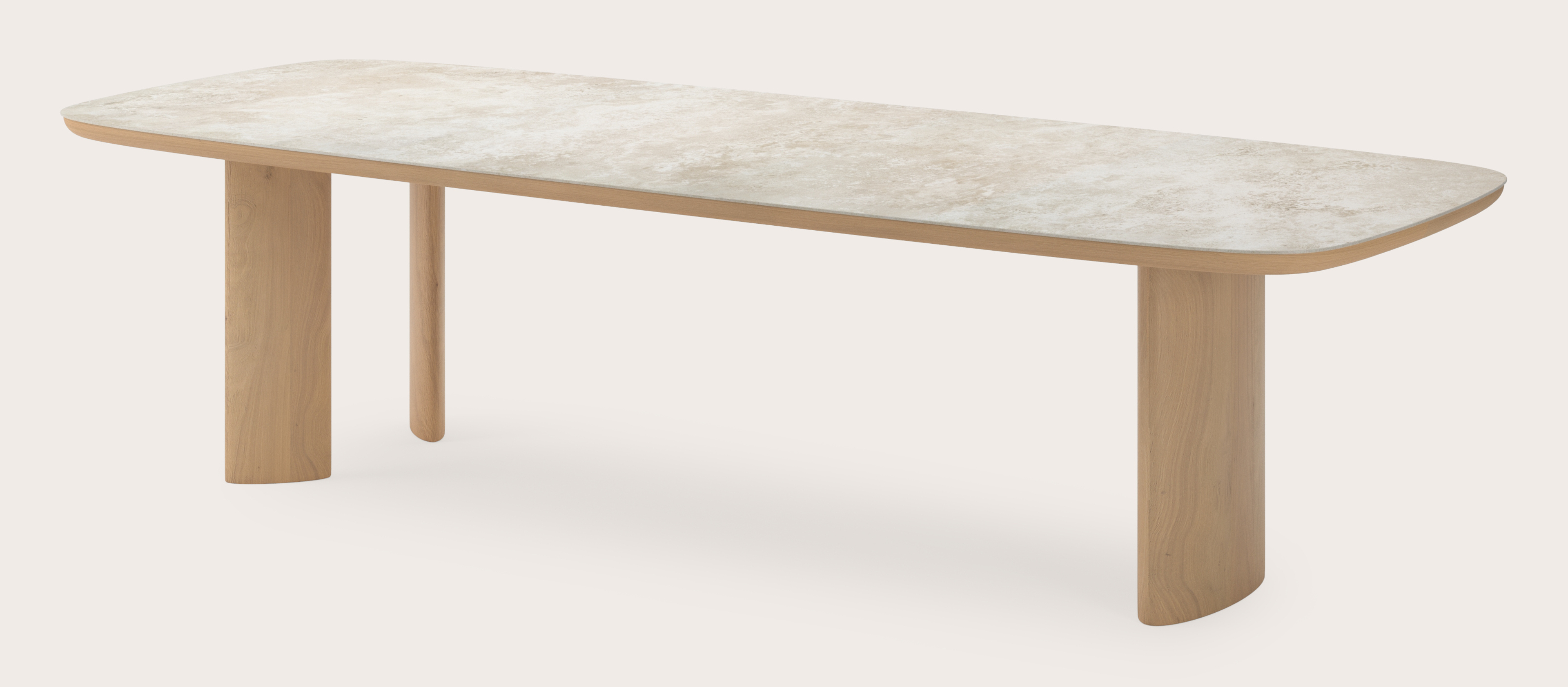 Table de salle à manger Amato Ellipso armature en chêne couleur naturelleavec plateau Ceramo forme arrondie en céramique en couleur Rapolano 300 x 115 x 76 cm